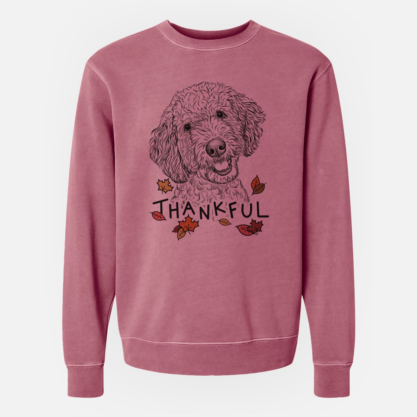 Hand-drawn sketch of Gizmo the Goldendoodle with 'Thankful' lettering and autumn leaves on a Maroon Unisex pigment dyed crew sweatshirt