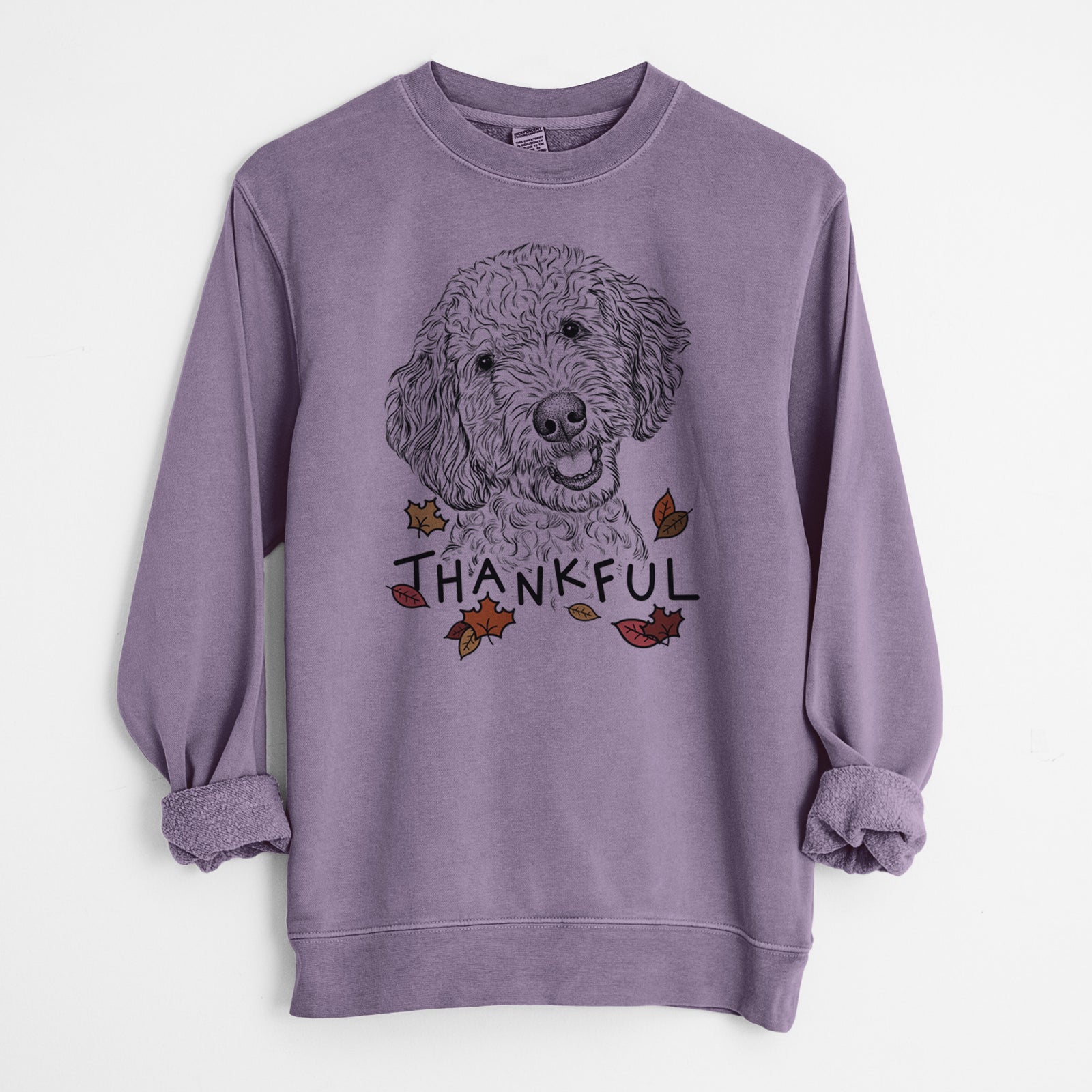 Hand-drawn sketch of Gizmo the Goldendoodle with 'Thankful' lettering and autumn leaves on a Plum Unisex pigment dyed crew sweatshirt