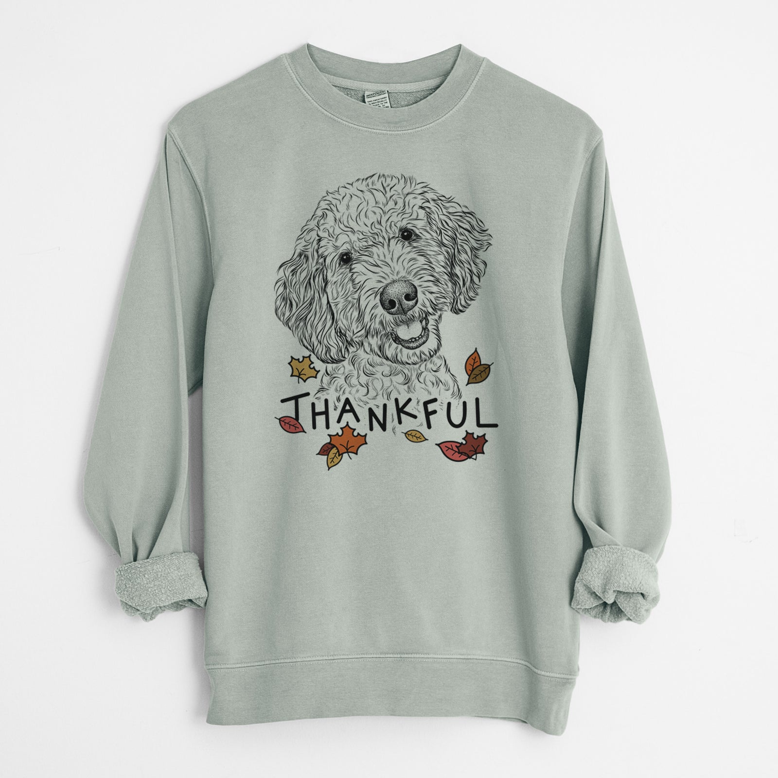 Hand-drawn sketch of Gizmo the Goldendoodle with 'Thankful' lettering and autumn leaves on a Sage Unisex pigment dyed crew sweatshirt