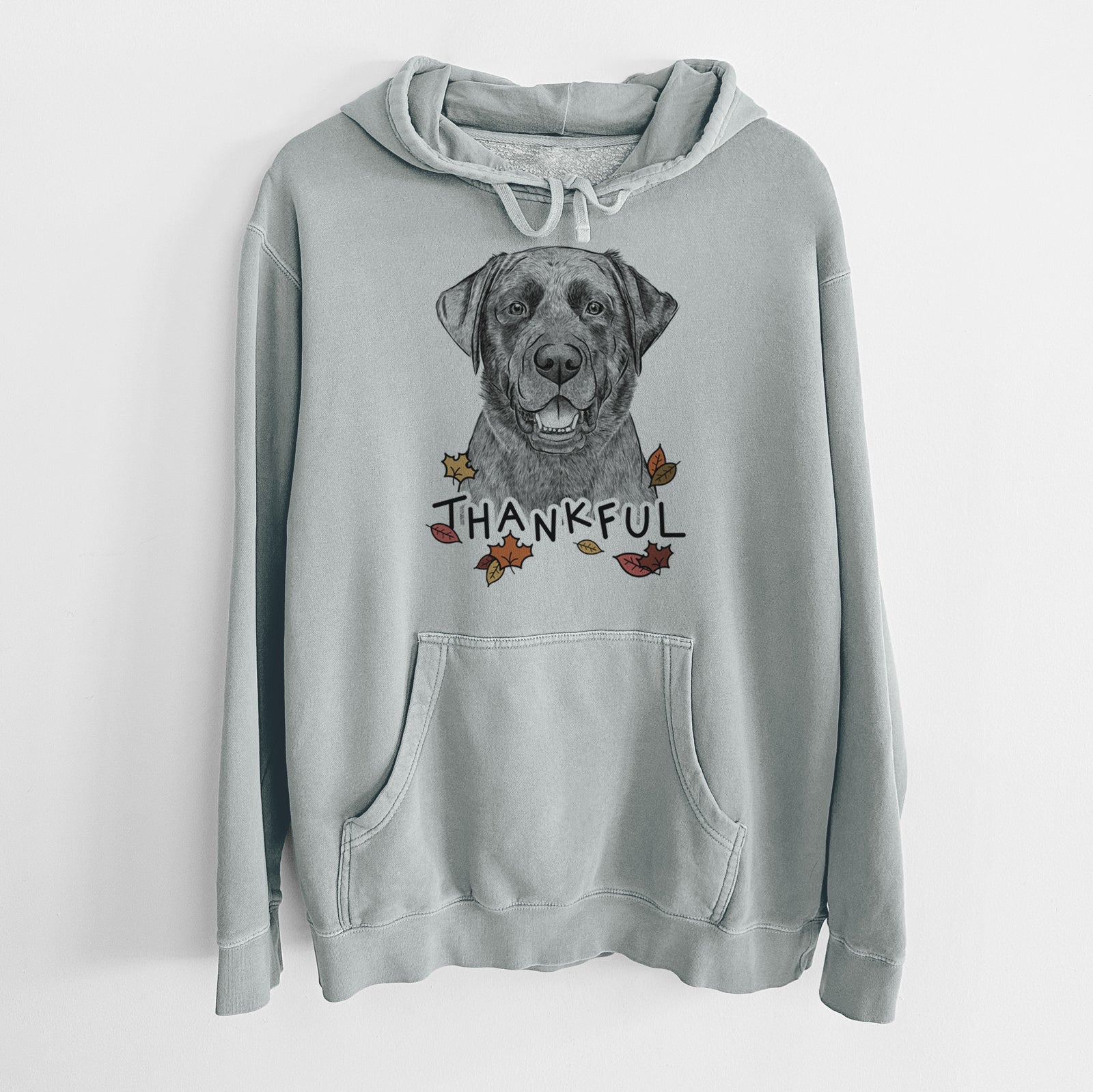 Hand-drawn sketch of Heath the Black Lab with 'Thankful' lettering and autumn leaves on a Sage Unisex pigment dyed hoodie