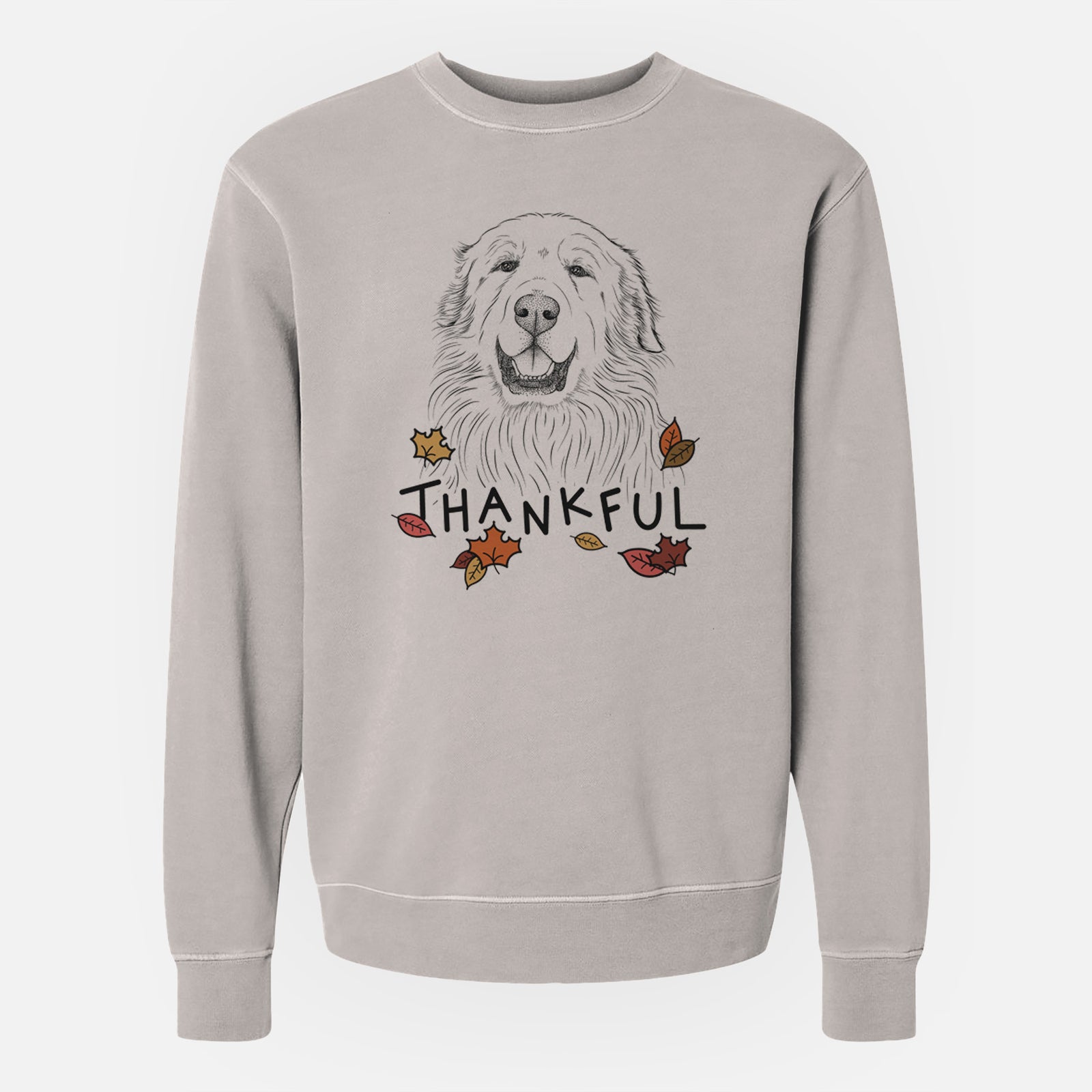 Hand-drawn sketch of Horton the Great Pyrenees with 'Thankful' lettering and autumn leaves on a Cement Unisex pigment dyed crew sweatshirt