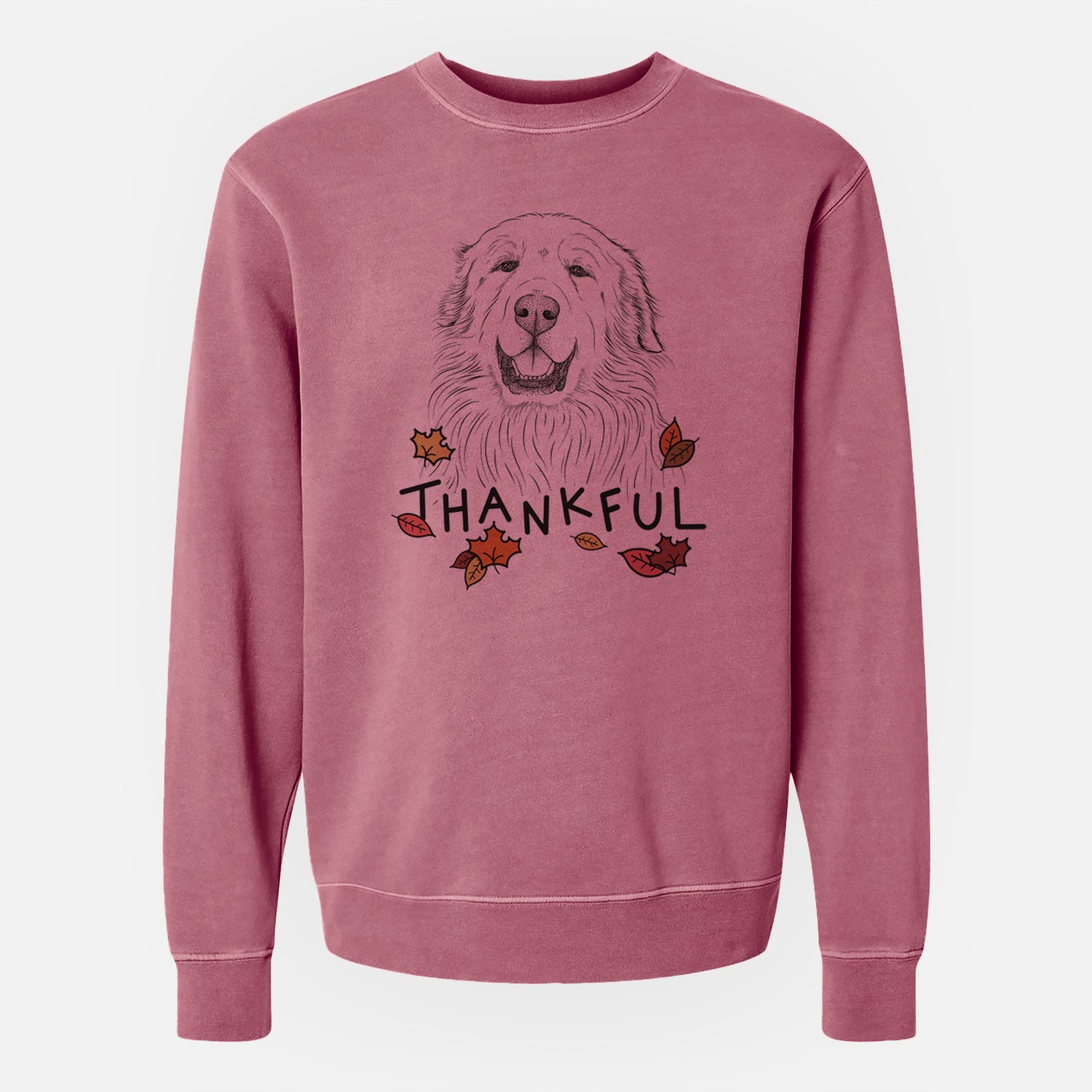 Hand-drawn sketch of Horton the Great Pyrenees with 'Thankful' lettering and autumn leaves on a Maroon Unisex pigment dyed crew sweatshirt