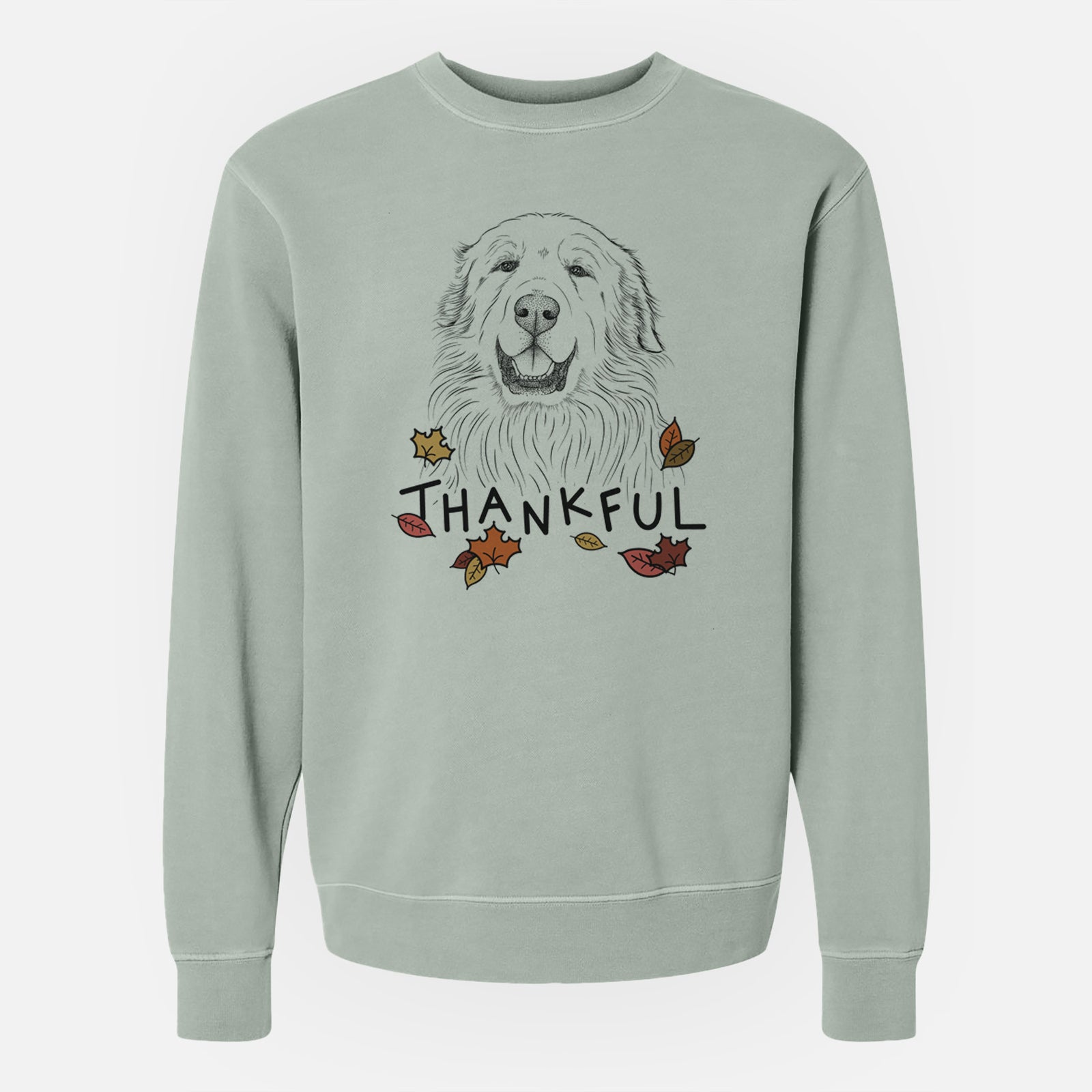 Hand-drawn sketch of Horton the Great Pyrenees with 'Thankful' lettering and autumn leaves on a Sage Unisex pigment dyed crew sweatshirt
