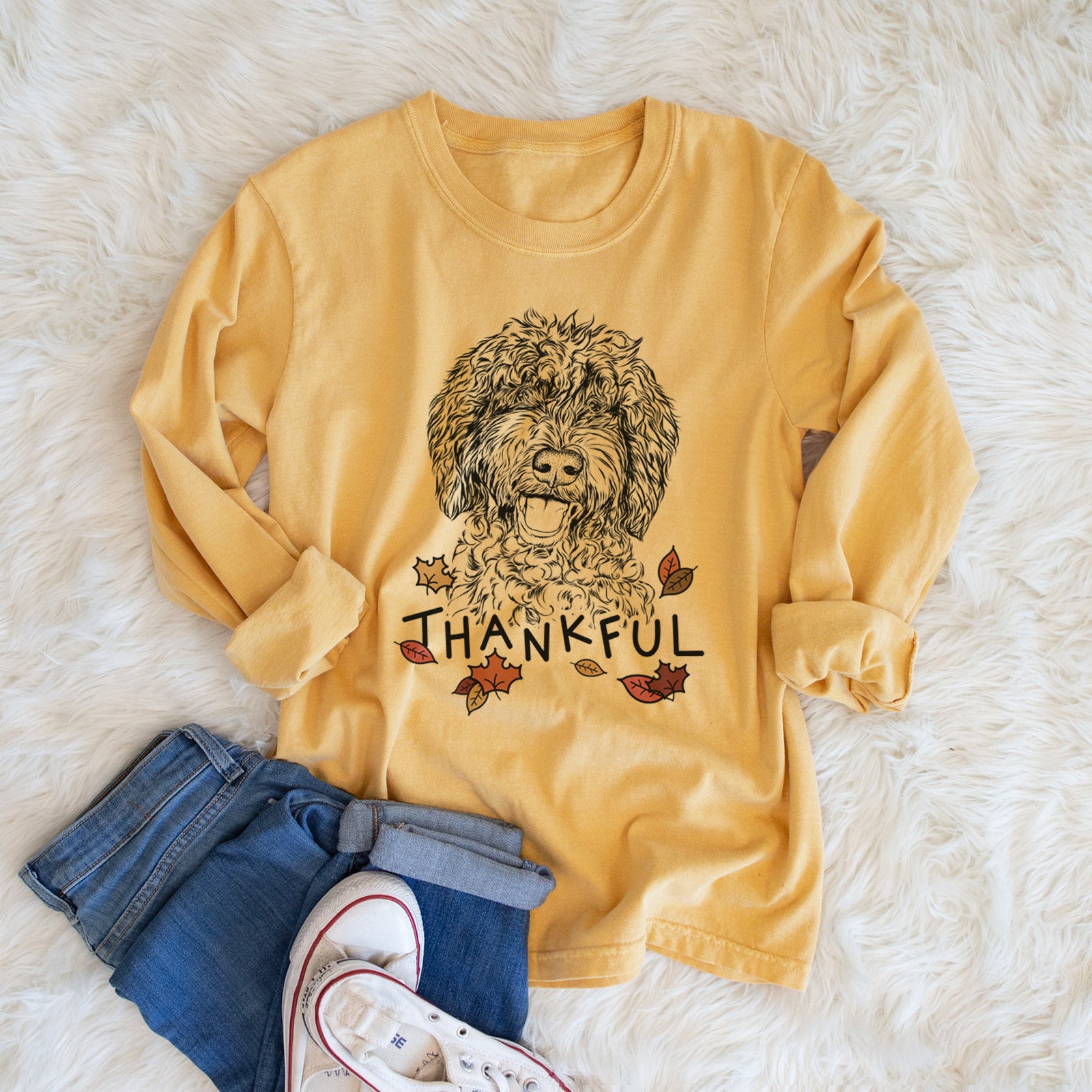 Thankful Jack the Chocolate Labradoodle - Men's Heavyweight 100% Cotton Long Sleeve