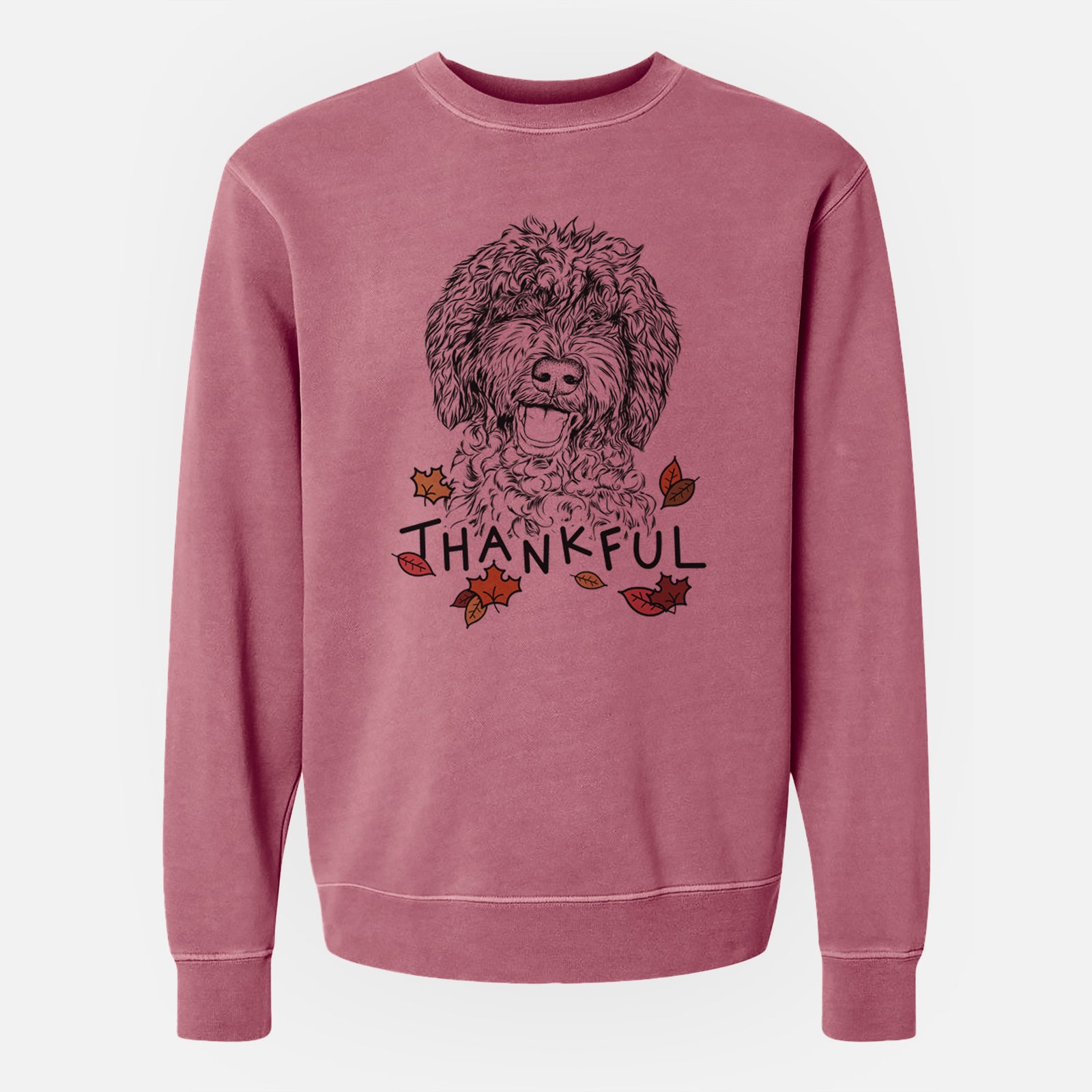 Hand-drawn sketch of Jack the Chocolate Labradoodle with 'Thankful' lettering and autumn leaves on a Maroon Unisex pigment dyed crew sweatshirt