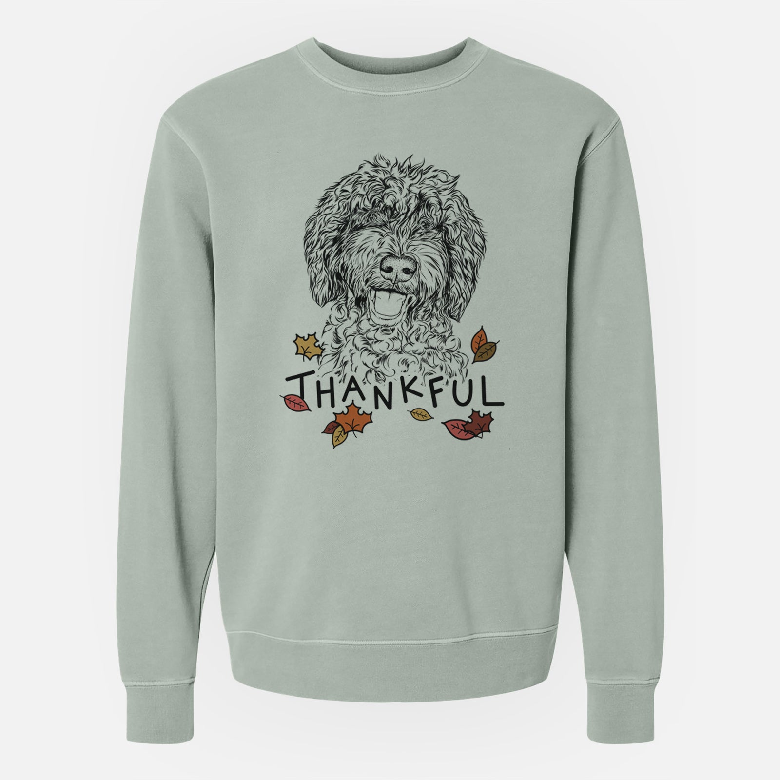 Hand-drawn sketch of Jack the Chocolate Labradoodle with 'Thankful' lettering and autumn leaves on a Sage Unisex pigment dyed crew sweatshirt