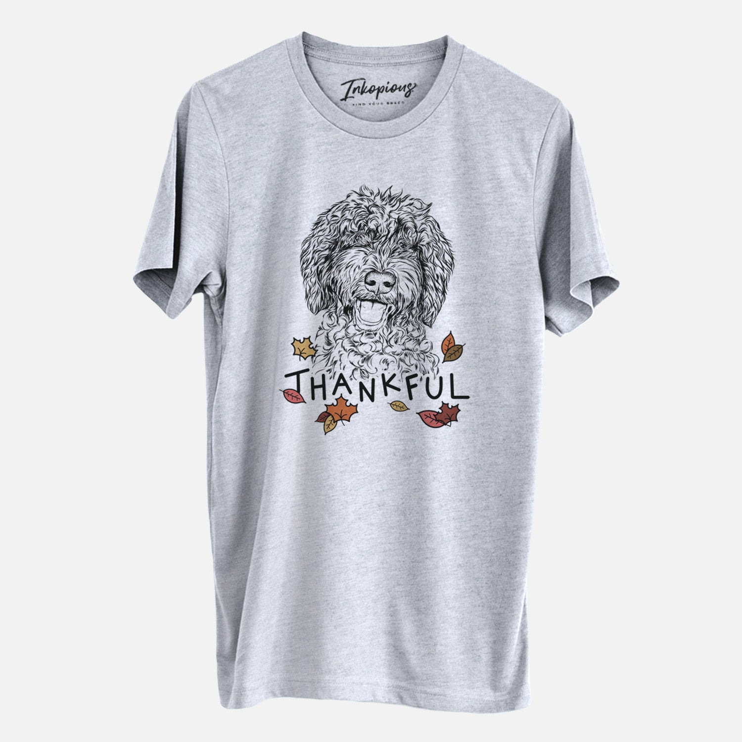 Hand-drawn sketch of Jack the Chocolate Labradoodle with 'Thankful' lettering and autumn leaves on a Grey Unisex crewneck