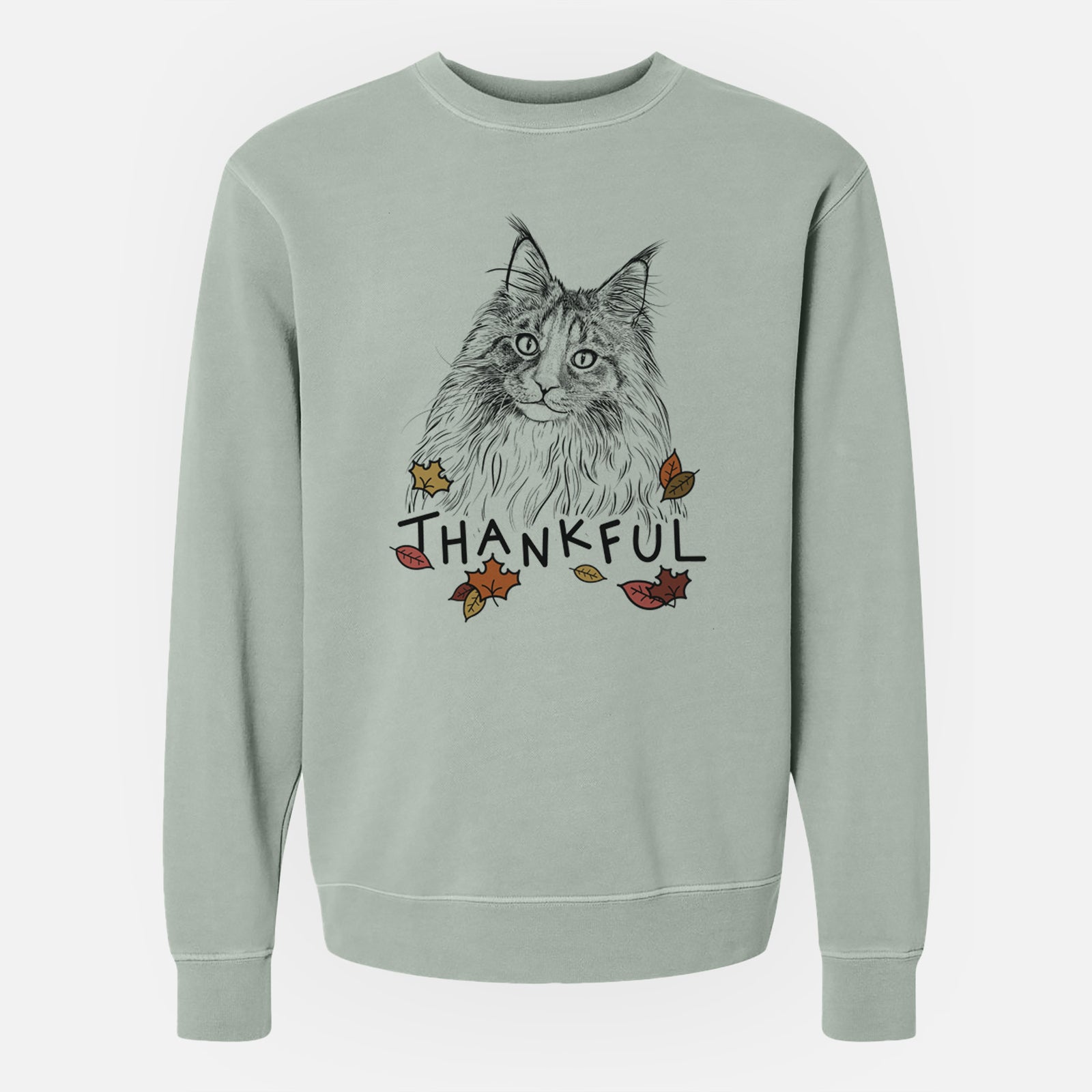 Hand-drawn sketch of Kiki the Maine Coon Cat with 'Thankful' lettering and autumn leaves on a Sage Unisex pigment dyed crew sweatshirt