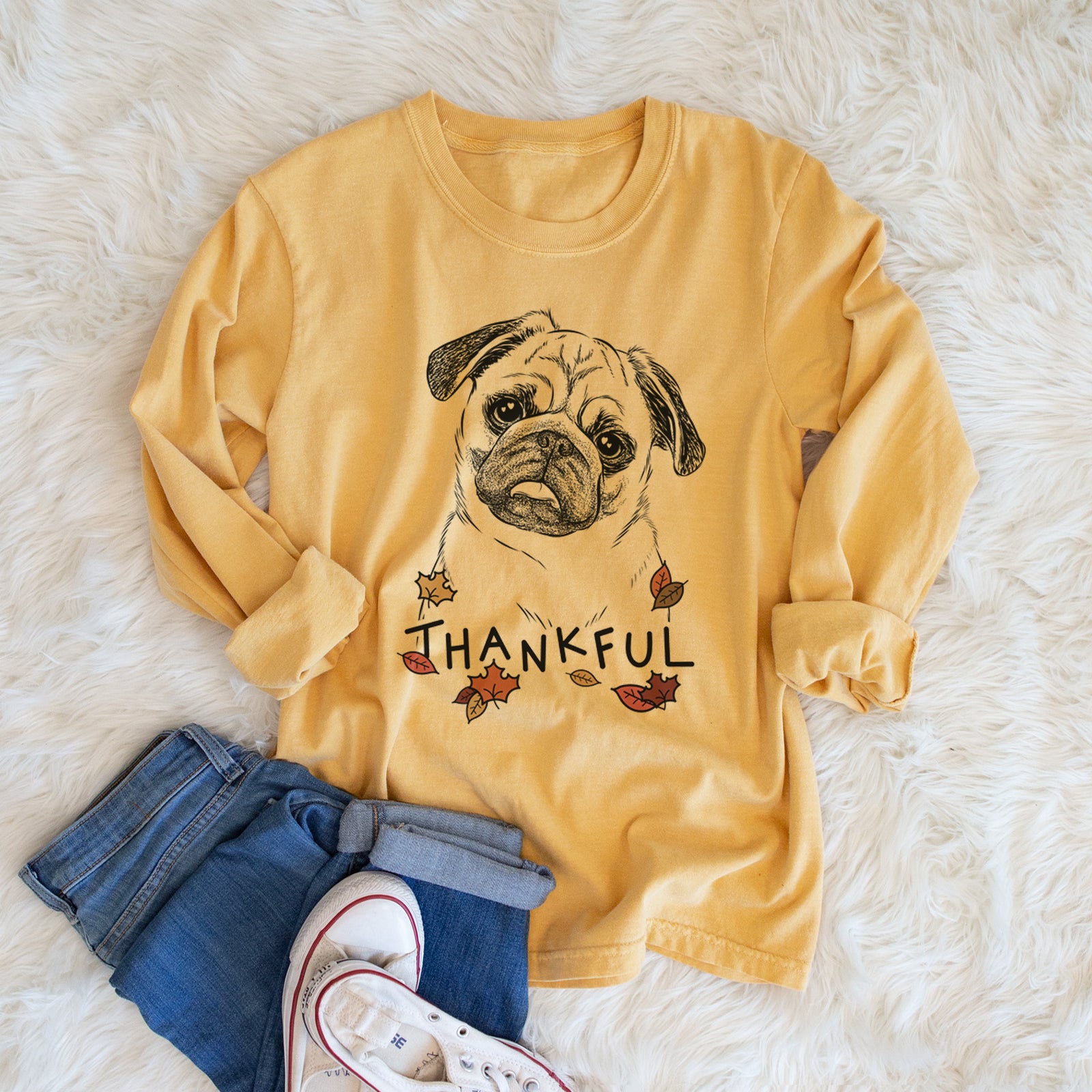 Thankful Macy the Pug - Men's Heavyweight 100% Cotton Long Sleeve