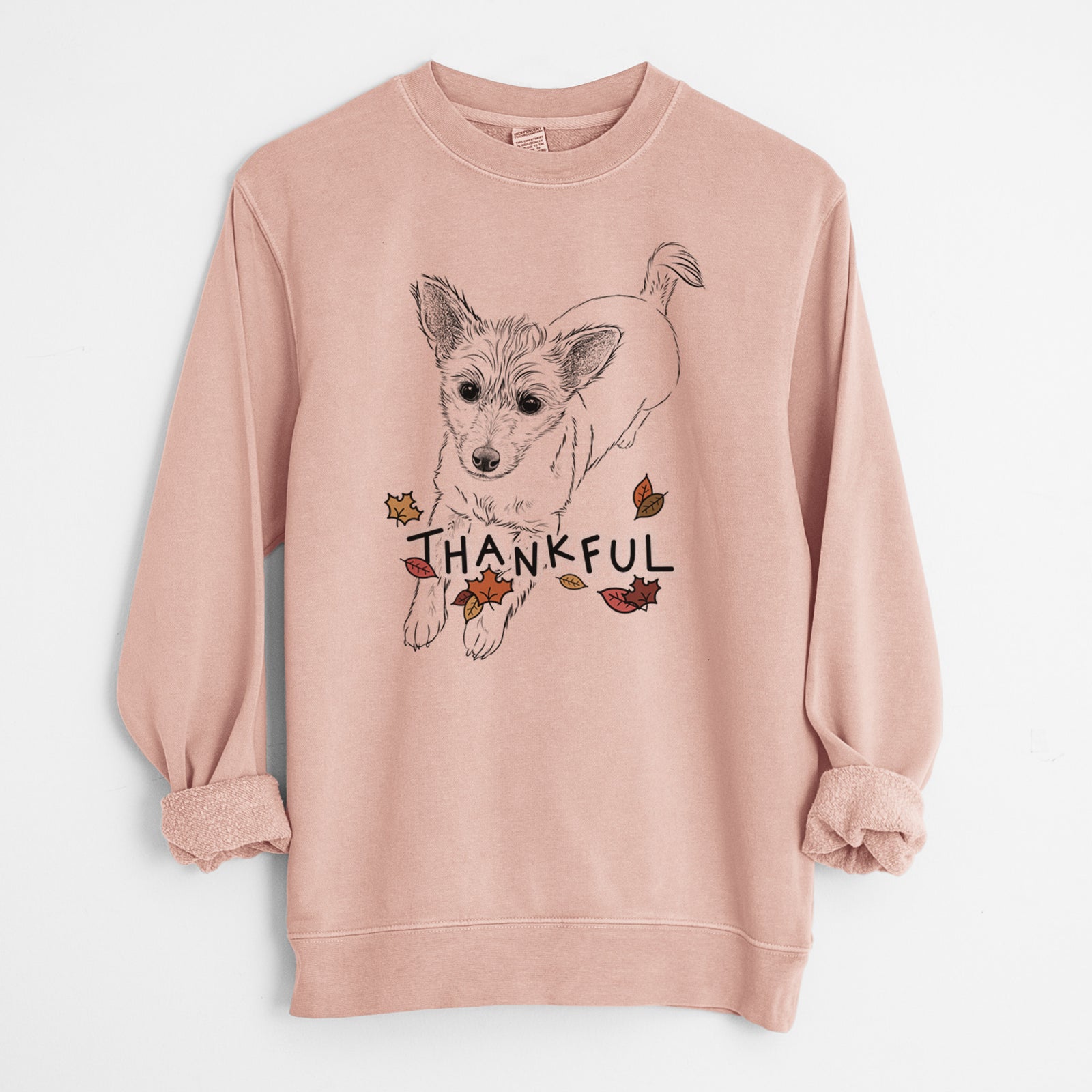 Hand-drawn sketch of Maisie the Terrier Mix with 'Thankful' lettering and autumn leaves on a Dusty Pink Unisex pigment dyed crew sweatshirt