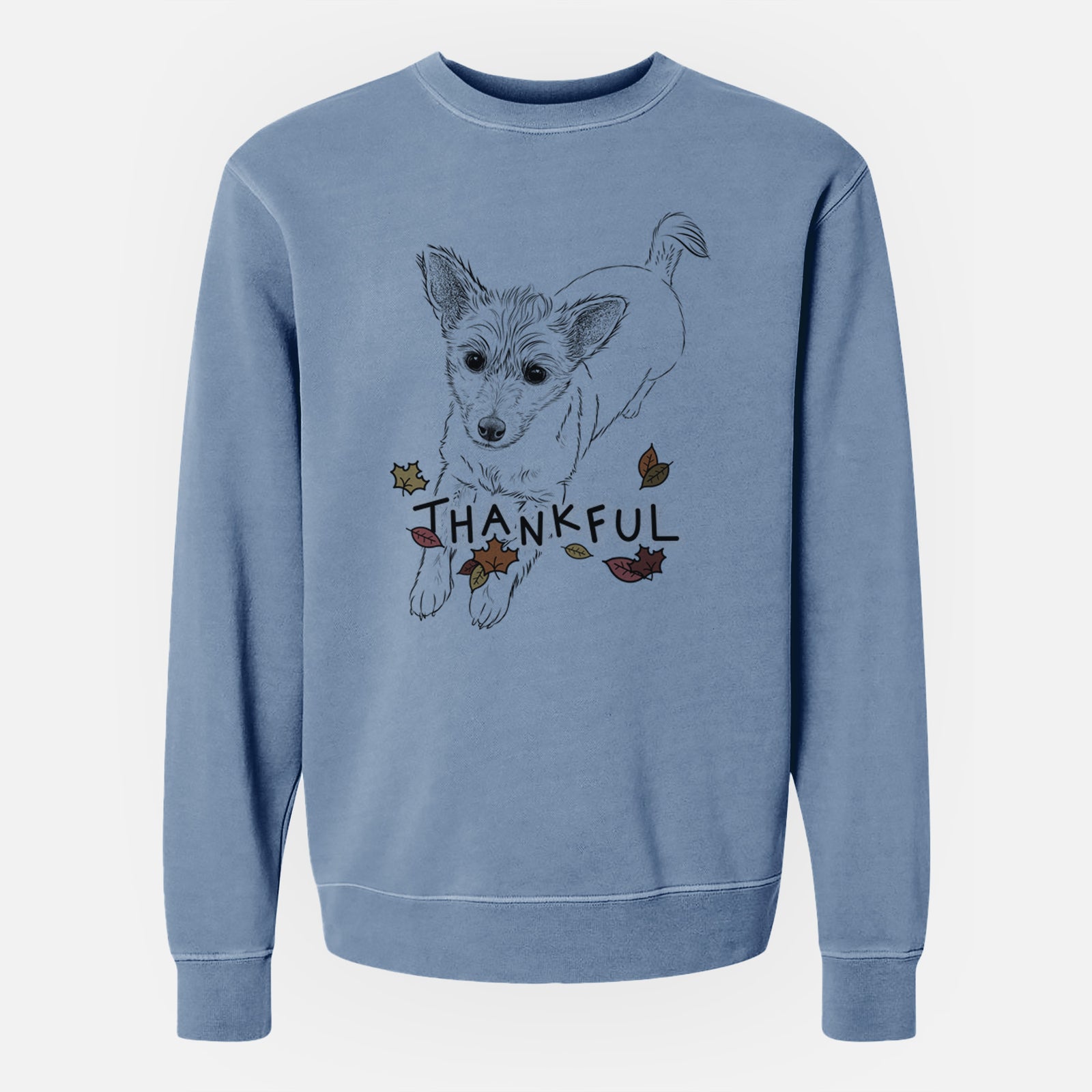 Hand-drawn sketch of Maisie the Terrier Mix with 'Thankful' lettering and autumn leaves on a Slate Blue Unisex pigment dyed crew sweatshirt