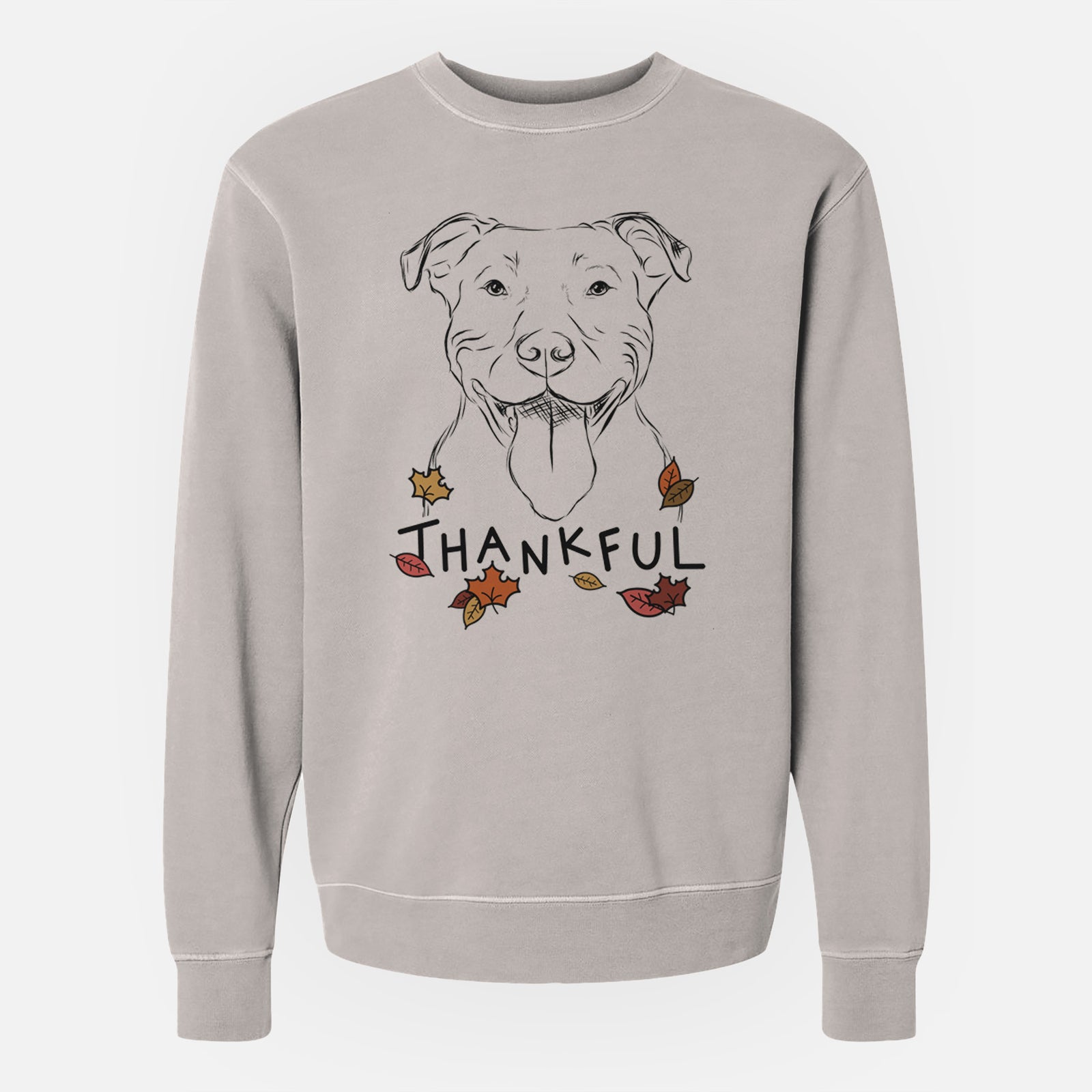 Hand-drawn sketch of Major the Pitbull with 'Thankful' lettering and autumn leaves on a Cement Unisex pigment dyed crew sweatshirt
