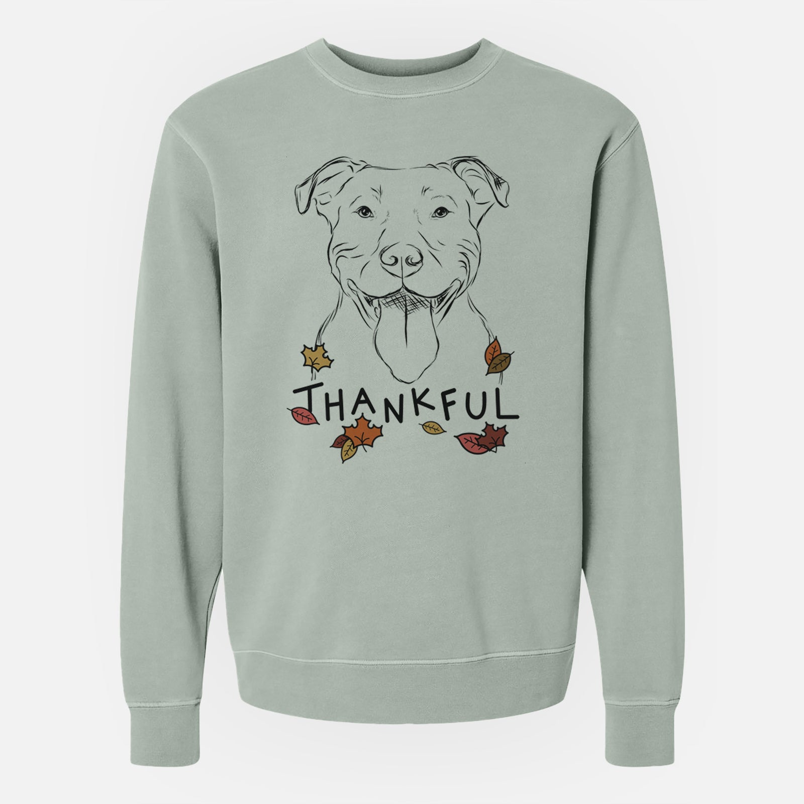 Hand-drawn sketch of Major the Pitbull with 'Thankful' lettering and autumn leaves on a Sage Unisex pigment dyed crew sweatshirt
