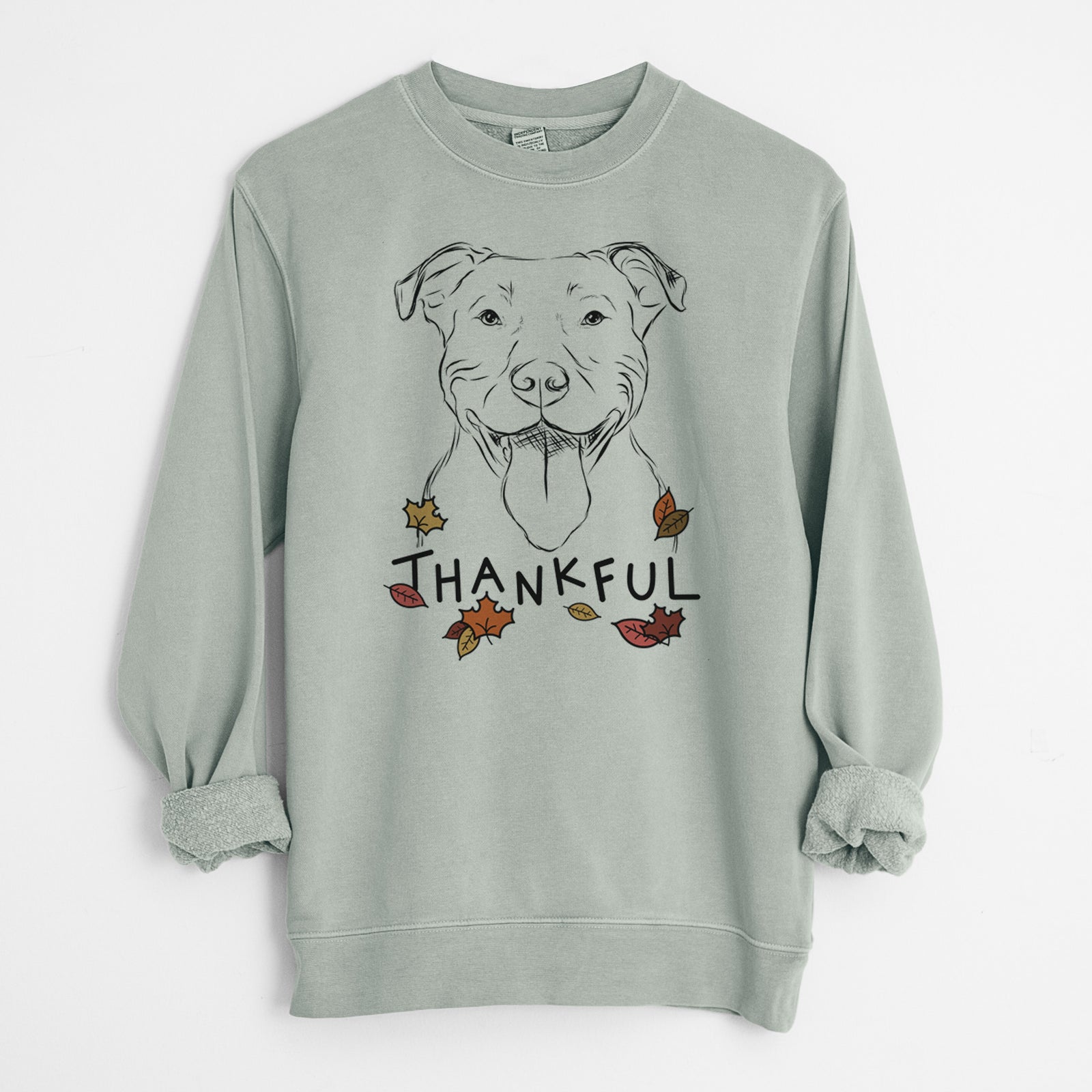 Hand-drawn sketch of Major the Pitbull with 'Thankful' lettering and autumn leaves on a Sage Unisex pigment dyed crew sweatshirt