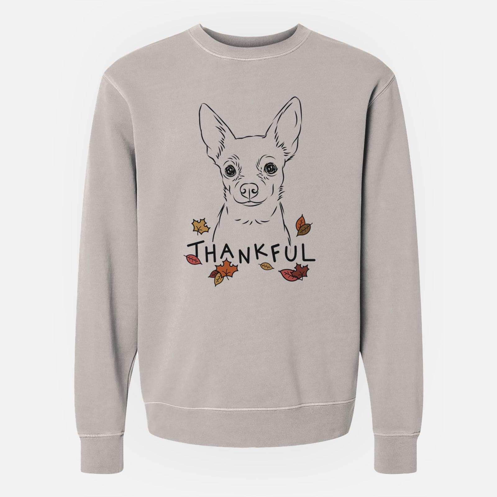 Hand-drawn sketch of Martini the Chihuahua with 'Thankful' lettering and autumn leaves on a Cement Unisex pigment dyed crew sweatshirt