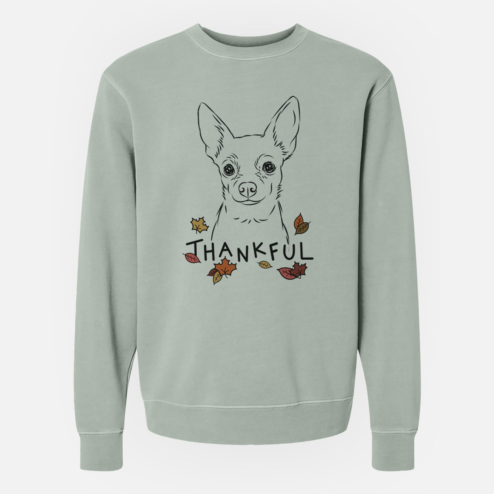 Hand-drawn sketch of Martini the Chihuahua with 'Thankful' lettering and autumn leaves on a Sage Unisex pigment dyed crew sweatshirt