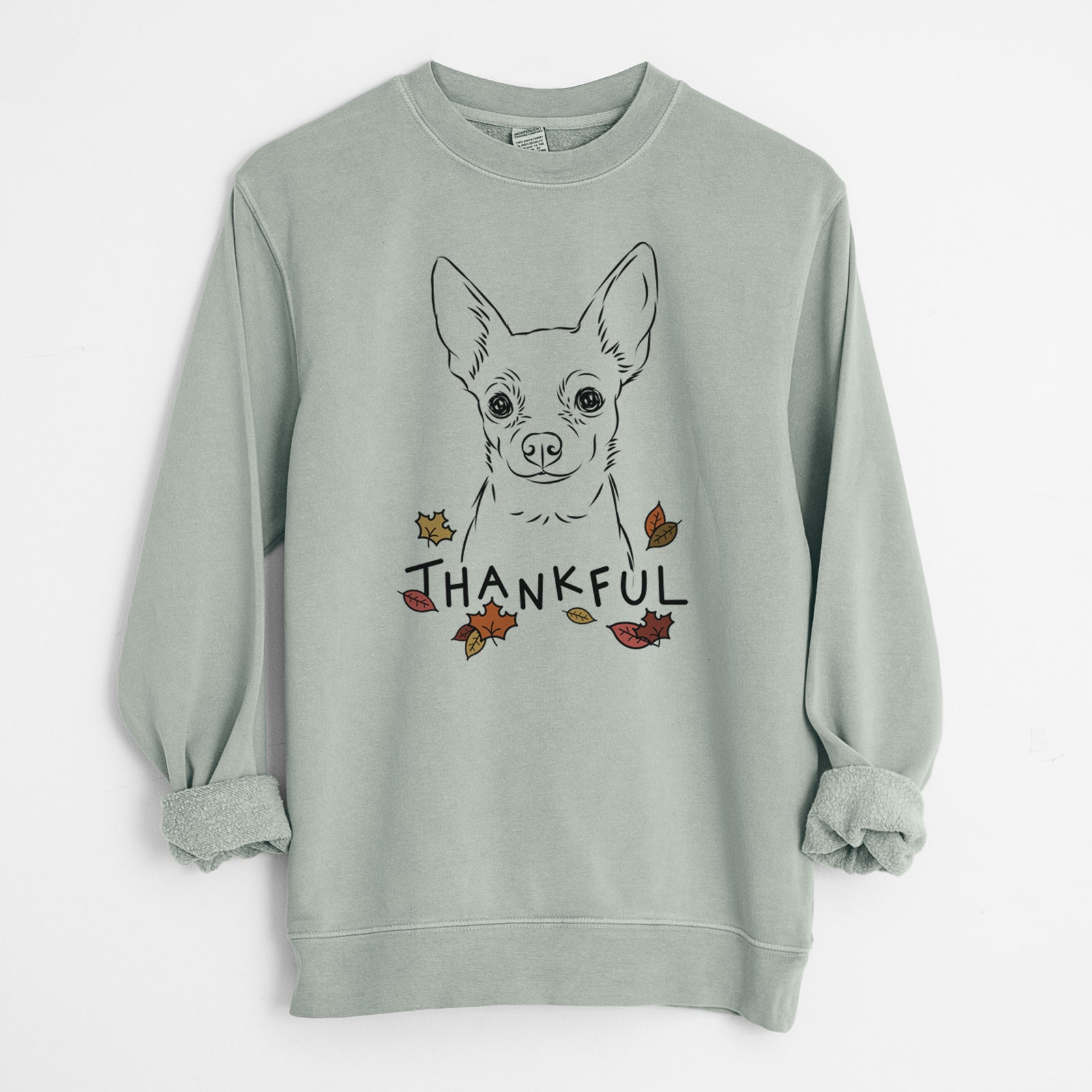 Hand-drawn sketch of Martini the Chihuahua with 'Thankful' lettering and autumn leaves on a Sage Unisex pigment dyed crew sweatshirt