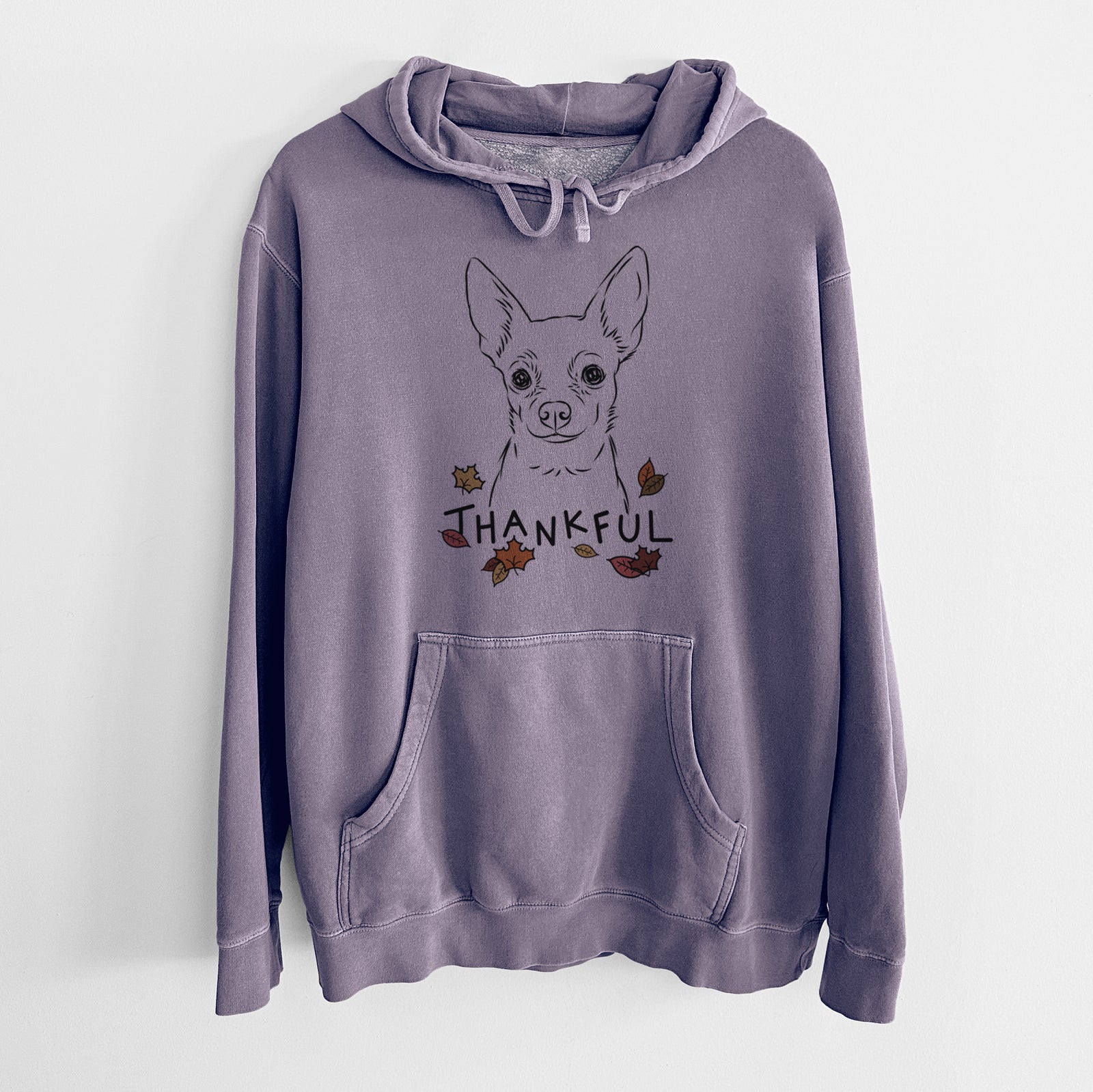 Hand-drawn sketch of Martini the Chihuahua with 'Thankful' lettering and autumn leaves on a Plum Unisex pigment dyed hoodie