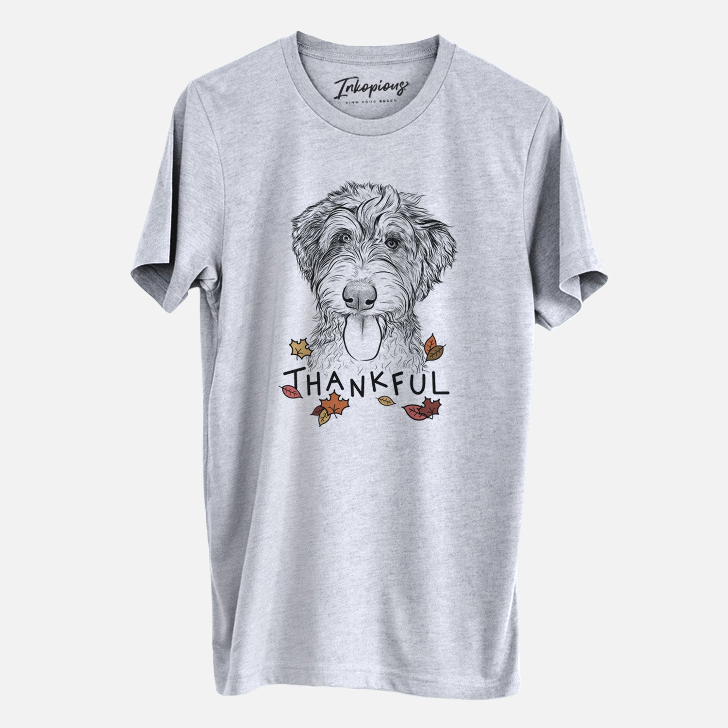 Hand-drawn sketch of Myrtle Mae the Aussiedoodle with 'Thankful' lettering and autumn leaves on a Grey Unisex crewneck