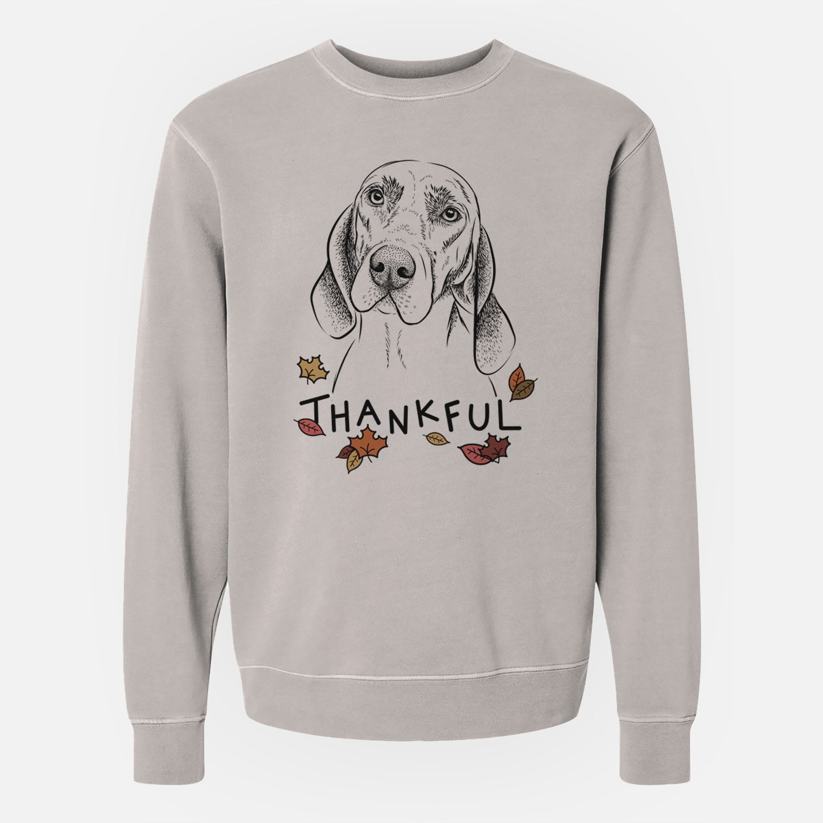 Hand-drawn sketch of Norman the Plott Hound with 'Thankful' lettering and autumn leaves on a Cement Unisex pigment dyed crew sweatshirt