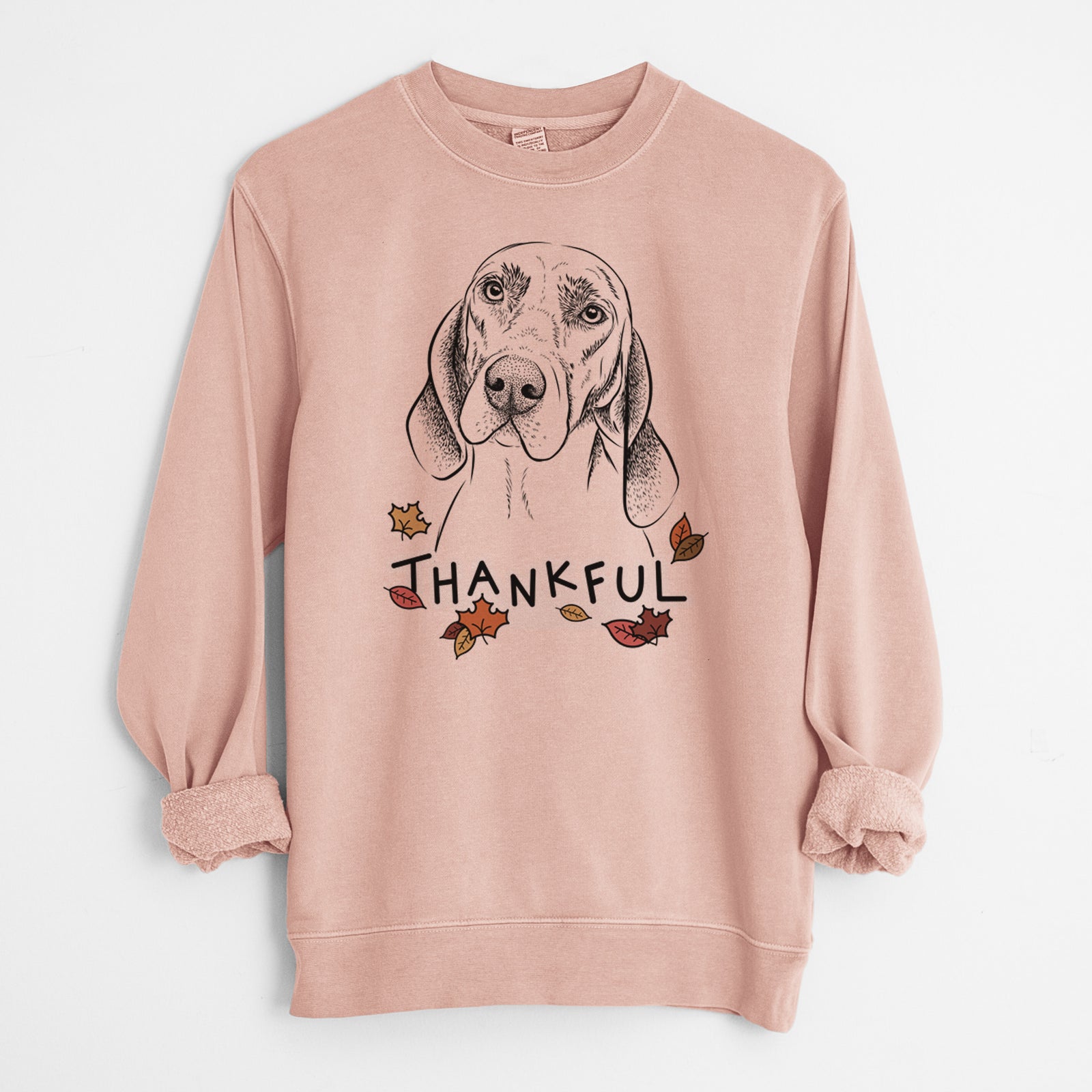 Hand-drawn sketch of Norman the Plott Hound with 'Thankful' lettering and autumn leaves on a Dusty Pink Unisex pigment dyed crew sweatshirt