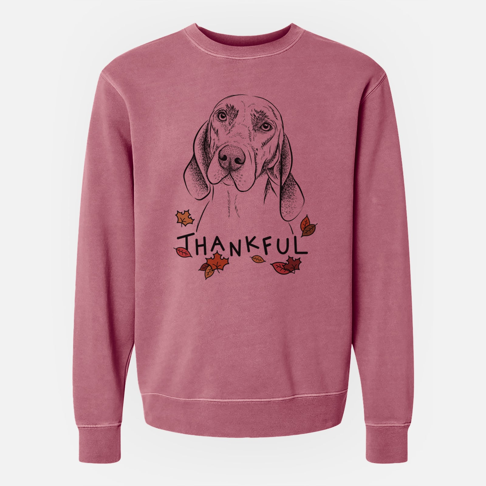 Hand-drawn sketch of Norman the Plott Hound with 'Thankful' lettering and autumn leaves on a Maroon Unisex pigment dyed crew sweatshirt