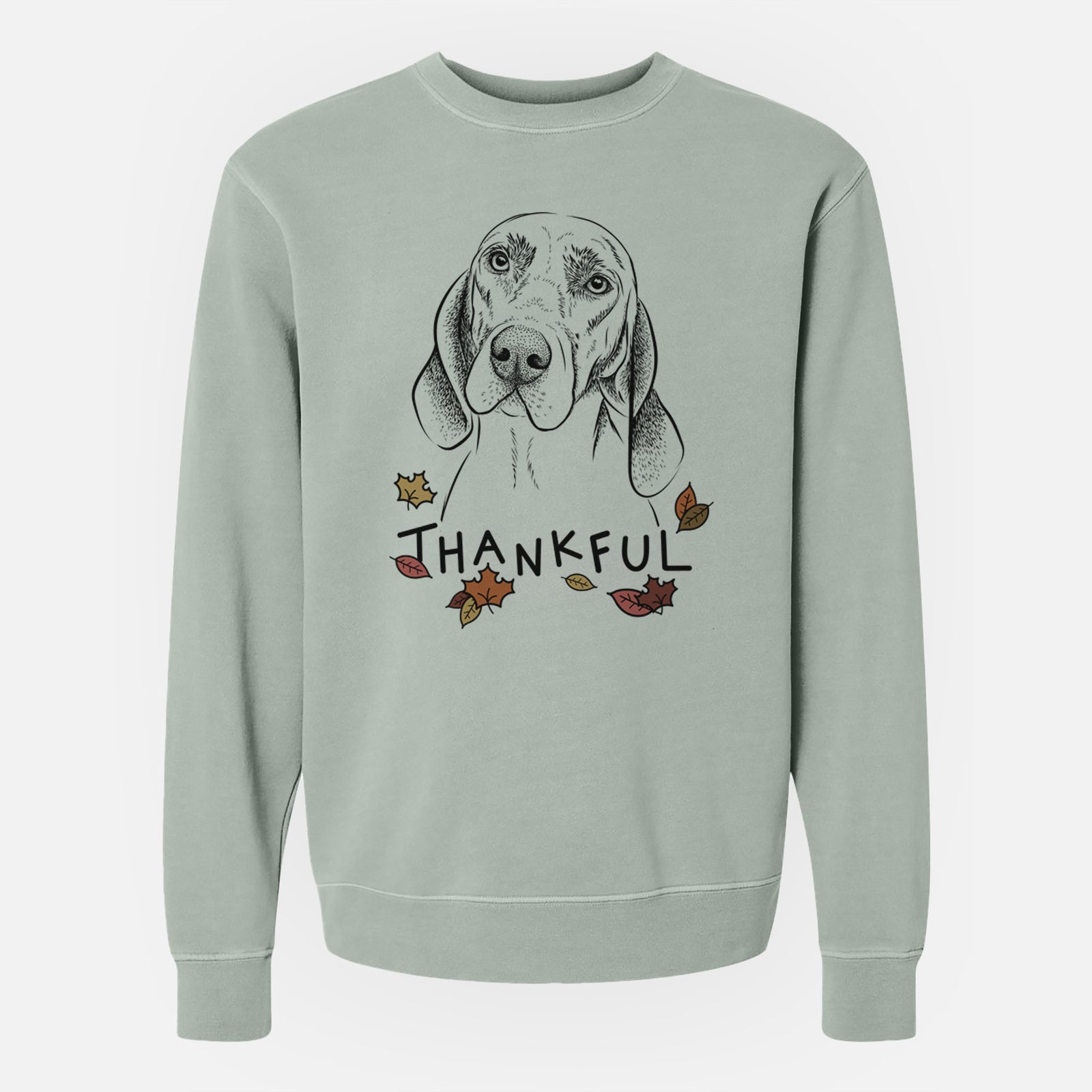 Hand-drawn sketch of Norman the Plott Hound with 'Thankful' lettering and autumn leaves on a Sage Unisex pigment dyed crew sweatshirt