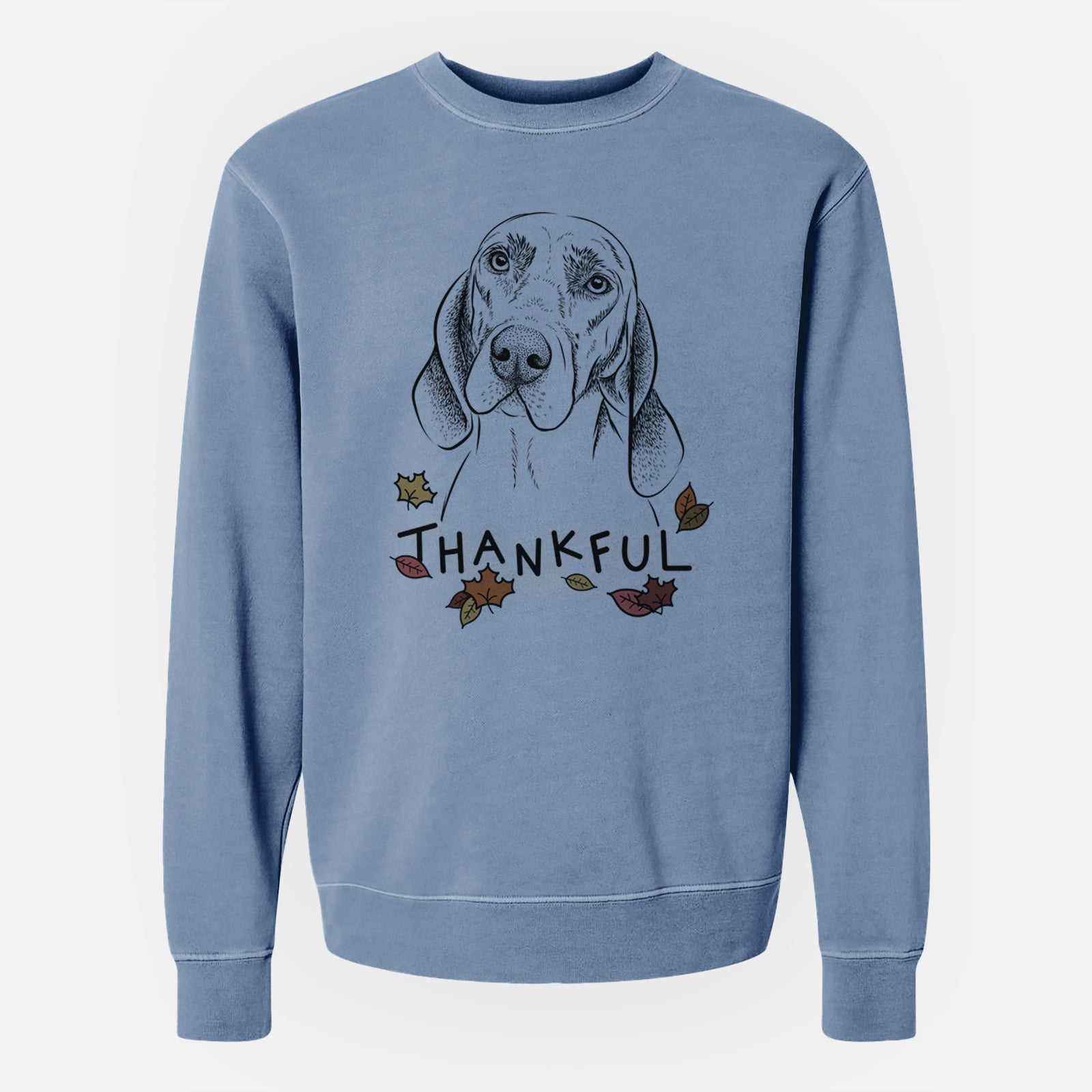 Hand-drawn sketch of Norman the Plott Hound with 'Thankful' lettering and autumn leaves on a Slate Blue Unisex pigment dyed crew sweatshirt
