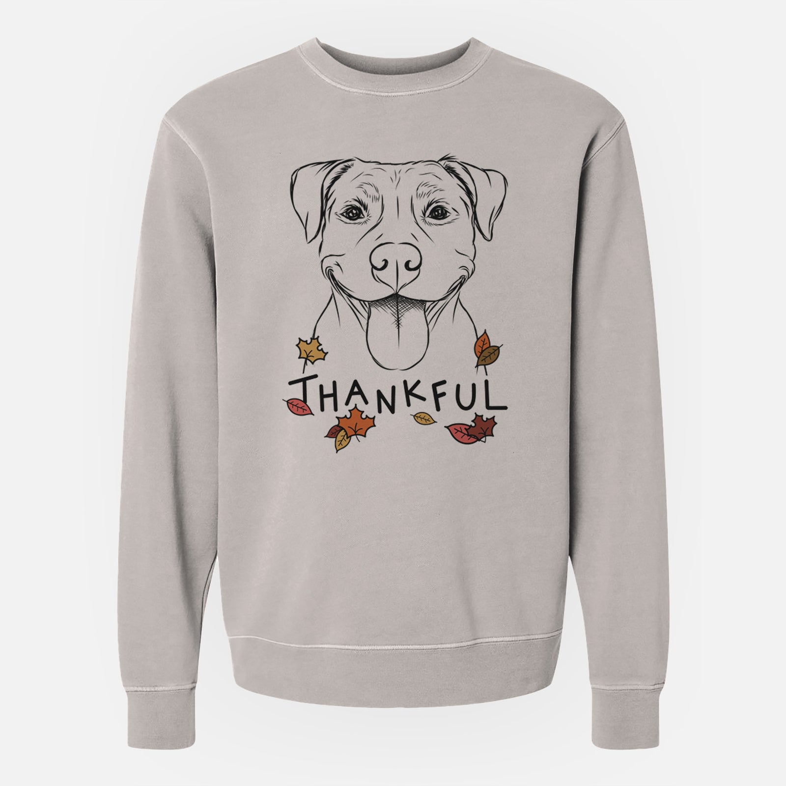 Hand-drawn sketch of Parker the Pitbull with 'Thankful' lettering and autumn leaves on a Cement Unisex pigment dyed crew sweatshirt
