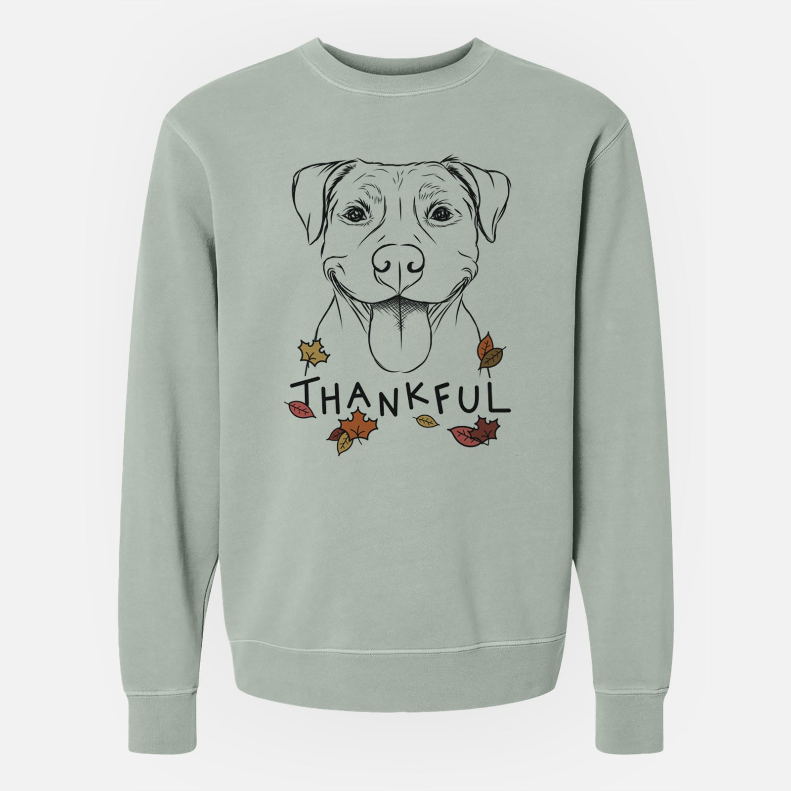 Hand-drawn sketch of Parker the Pitbull with 'Thankful' lettering and autumn leaves on a Sage Unisex pigment dyed crew sweatshirt