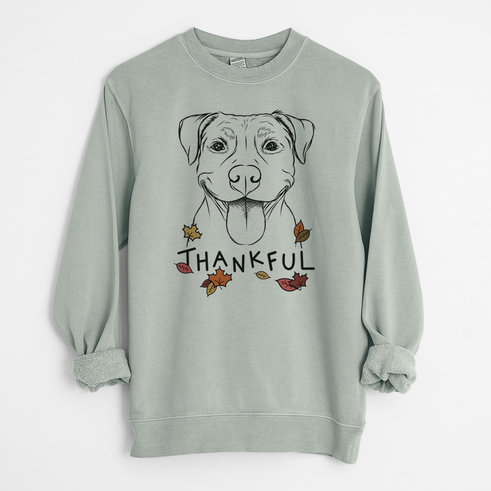 Hand-drawn sketch of Parker the Pitbull with 'Thankful' lettering and autumn leaves on a Sage Unisex pigment dyed crew sweatshirt