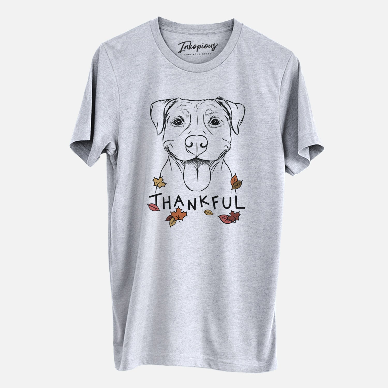 Hand-drawn sketch of Parker the Pitbull with 'Thankful' lettering and autumn leaves on a Grey Unisex crewneck