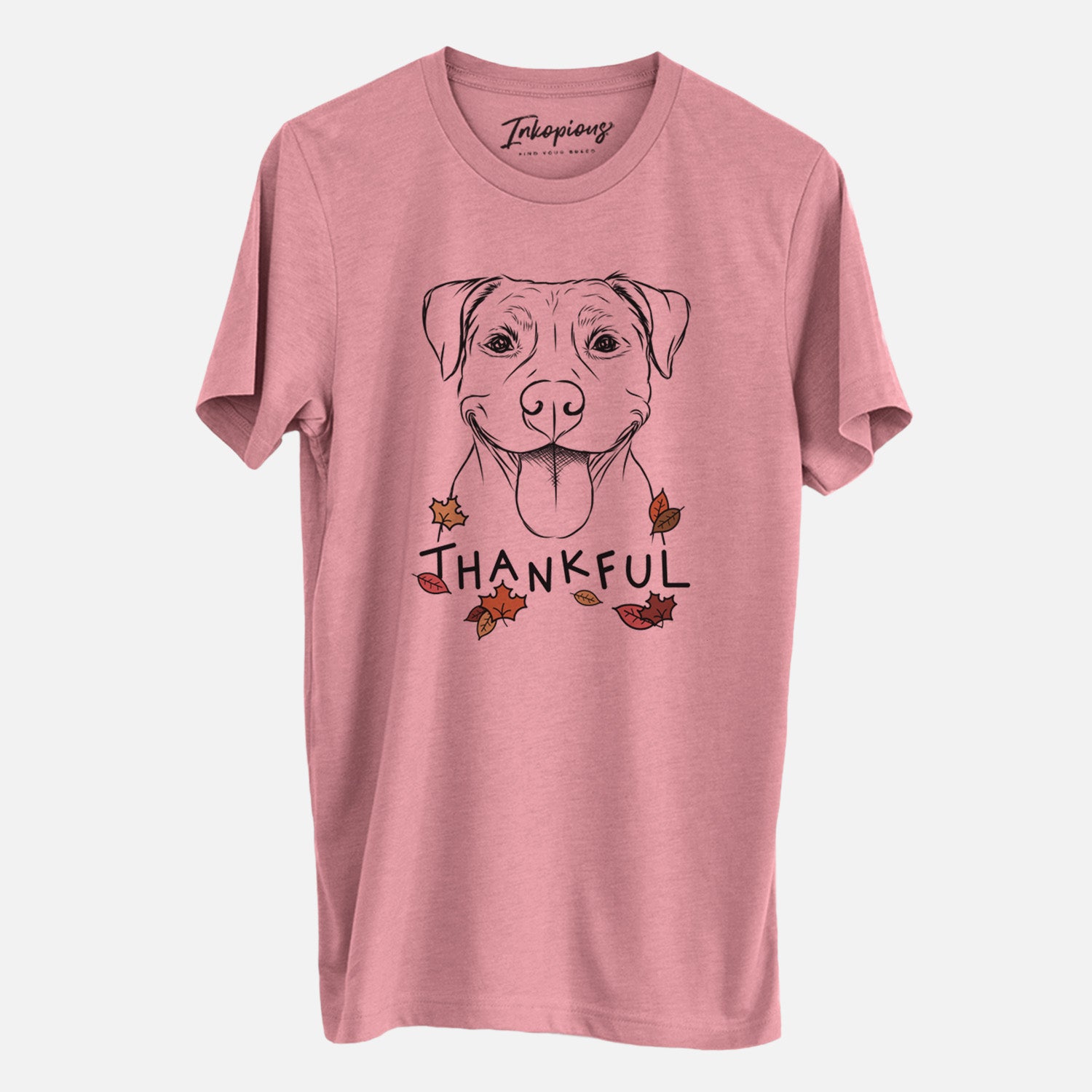 Hand-drawn sketch of Parker the Pitbull with 'Thankful' lettering and autumn leaves on a Mauve Unisex crewneck