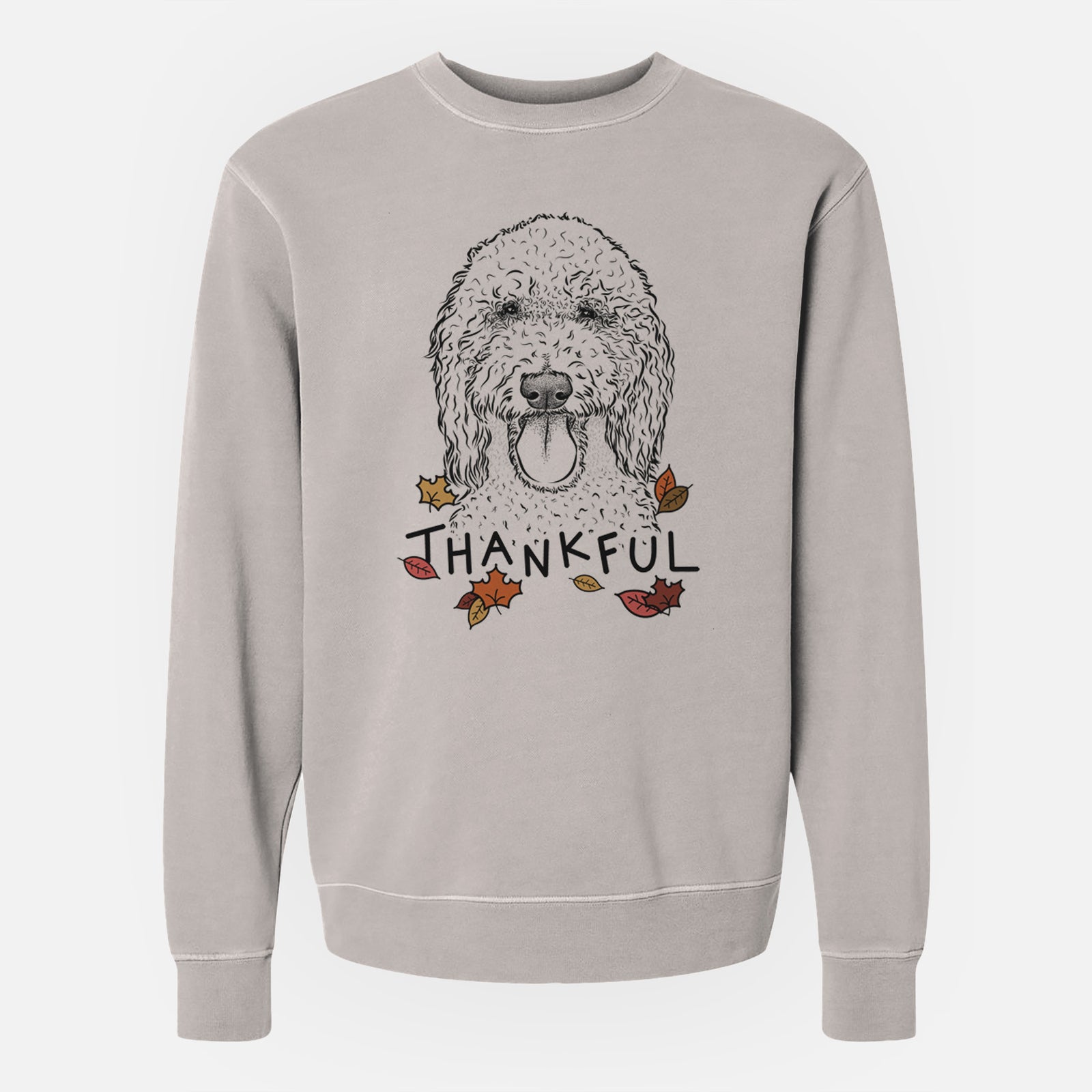 Hand-drawn sketch of Pavlov the Goldendoodle with 'Thankful' lettering and autumn leaves on a Cement Unisex pigment dyed crew sweatshirt