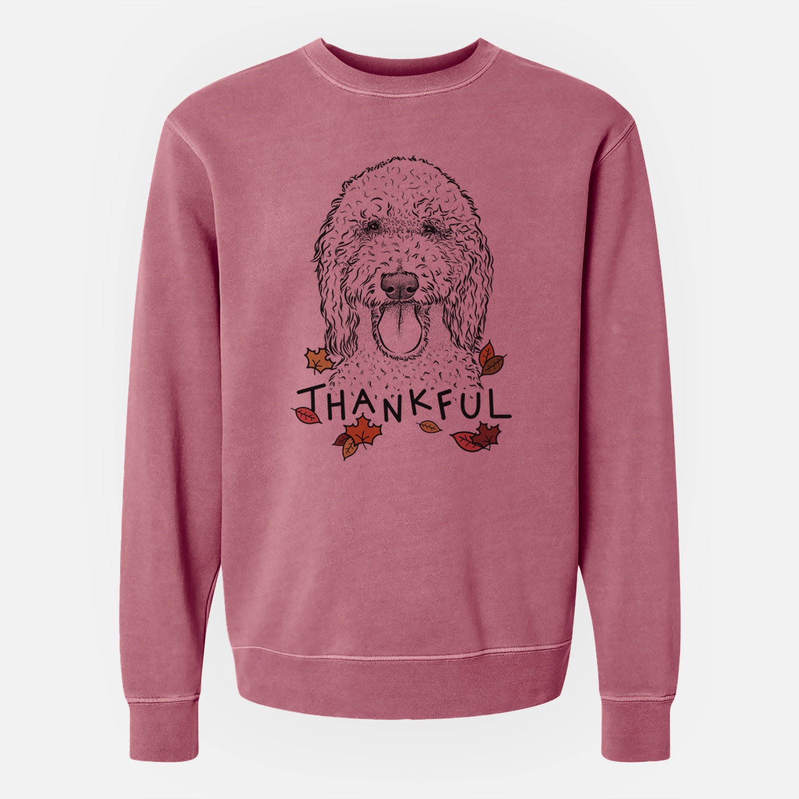 Hand-drawn sketch of Pavlov the Goldendoodle with 'Thankful' lettering and autumn leaves on a Maroon Unisex pigment dyed crew sweatshirt