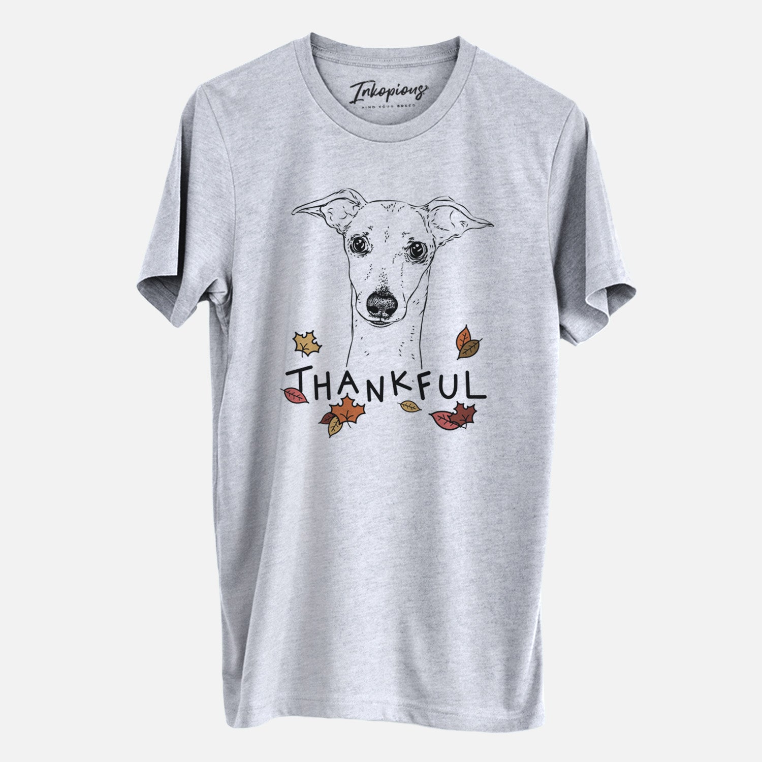 Hand-drawn sketch of Pip the Italian Greyhound with 'Thankful' lettering and autumn leaves on an Unisex crewneck
