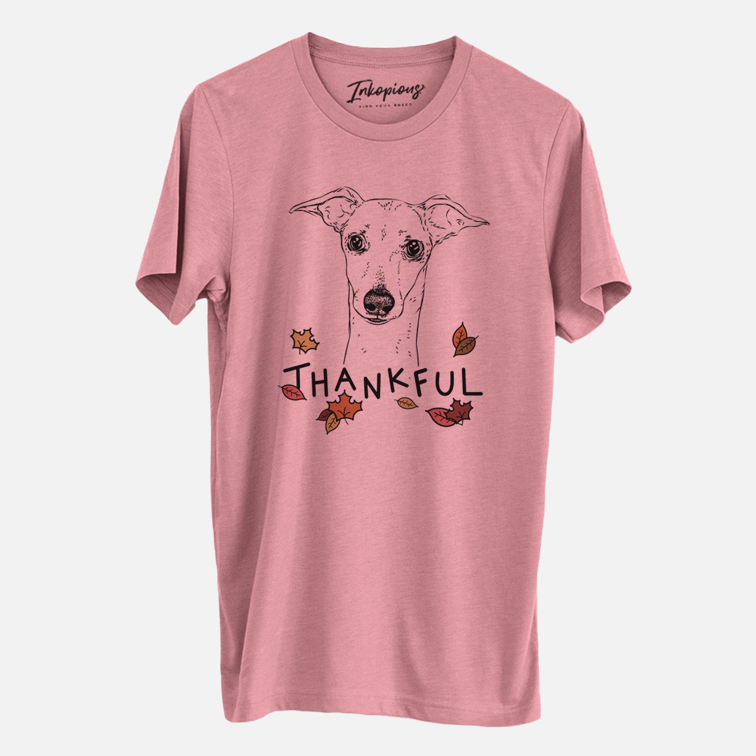 Hand-drawn sketch of Pip the Italian Greyhound with 'Thankful' lettering and autumn leaves on a Mauve Unisex crewneck