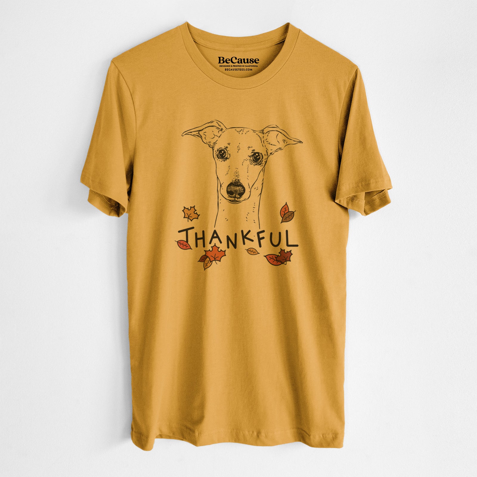 Hand-drawn sketch of Pip the Italian Greyhound with 'Thankful' lettering and autumn leaves on a Mustard Unisex crewneck, worn by a man