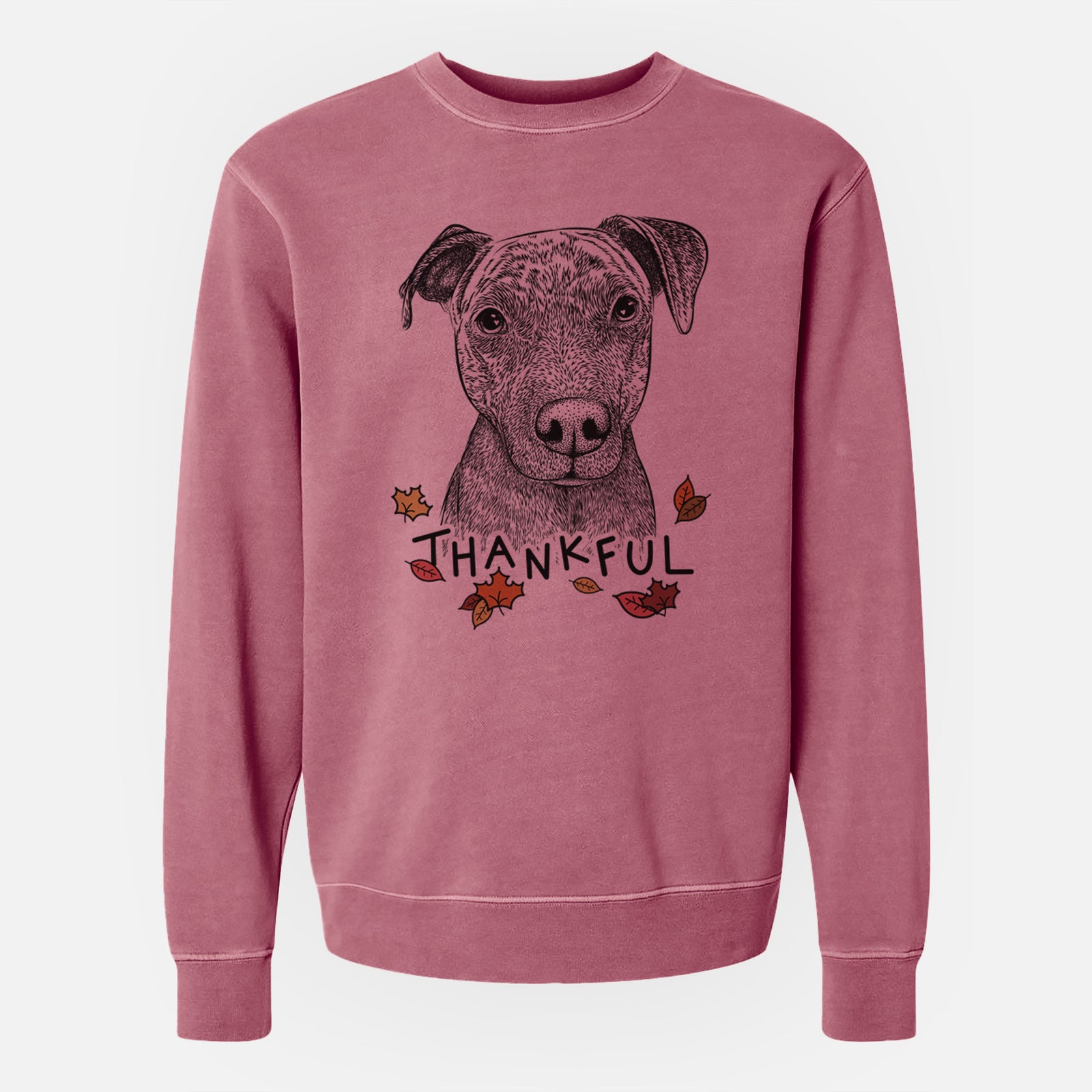 Hand-drawn sketch of Reeses the Pitbull with 'Thankful' lettering and autumn leaves on a Maroon Unisex pigment dyed crew sweatshirt