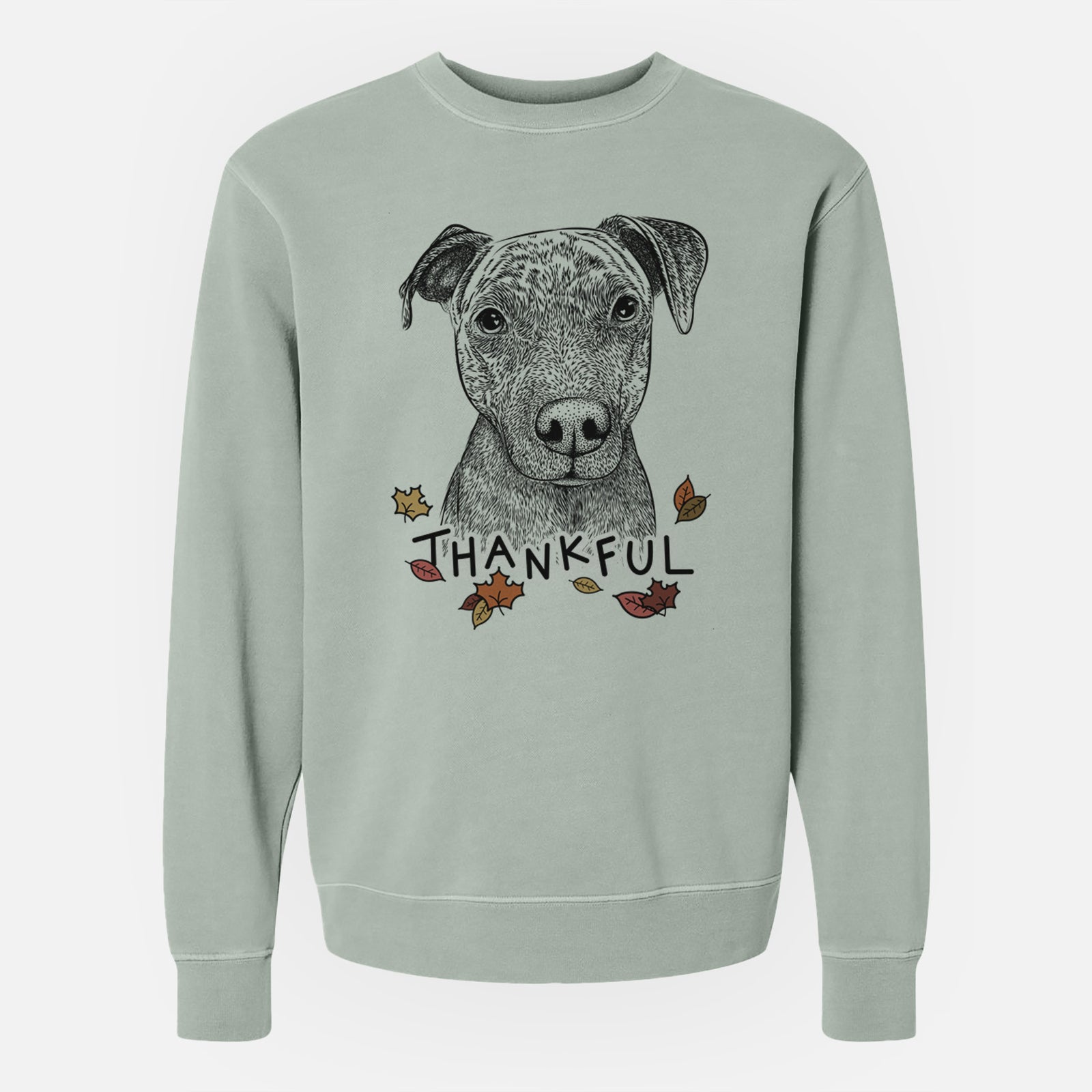 Hand-drawn sketch of Reeses the Pitbull with 'Thankful' lettering and autumn leaves on a Sage Unisex pigment dyed crew sweatshirt
