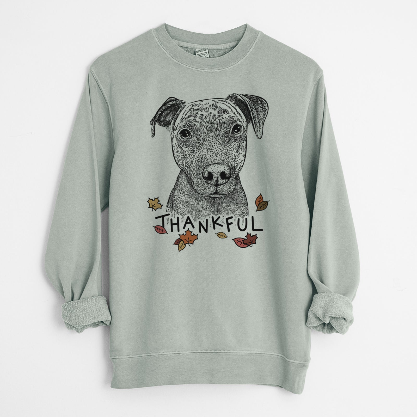 Hand-drawn sketch of Reeses the Pitbull with 'Thankful' lettering and autumn leaves on a Sage Unisex pigment dyed crew sweatshirt