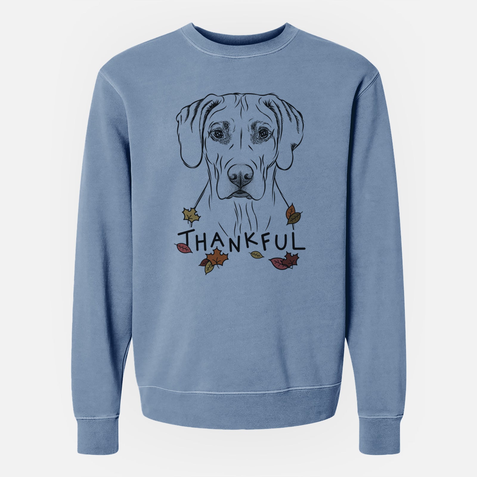 Hand-drawn sketch of Reid the Rhodesian Ridgeback with 'Thankful' lettering and autumn leaves on a Slate Blue Unisex pigment dyed crew sweatshirt