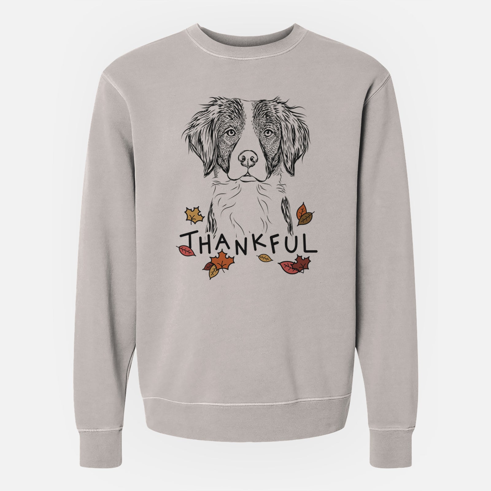 Hand-drawn sketch of Remi the Brittany with 'Thankful' lettering and autumn leaves on a Cement Unisex pigment dyed crew sweatshirt