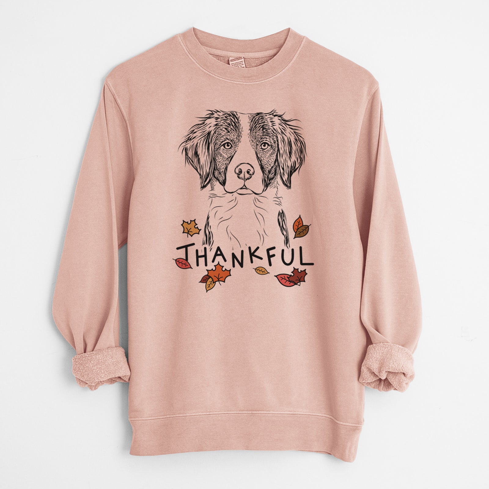 Hand-drawn sketch of Remi the Brittany with 'Thankful' lettering and autumn leaves on a Dusty Pink Unisex pigment dyed crew sweatshirt