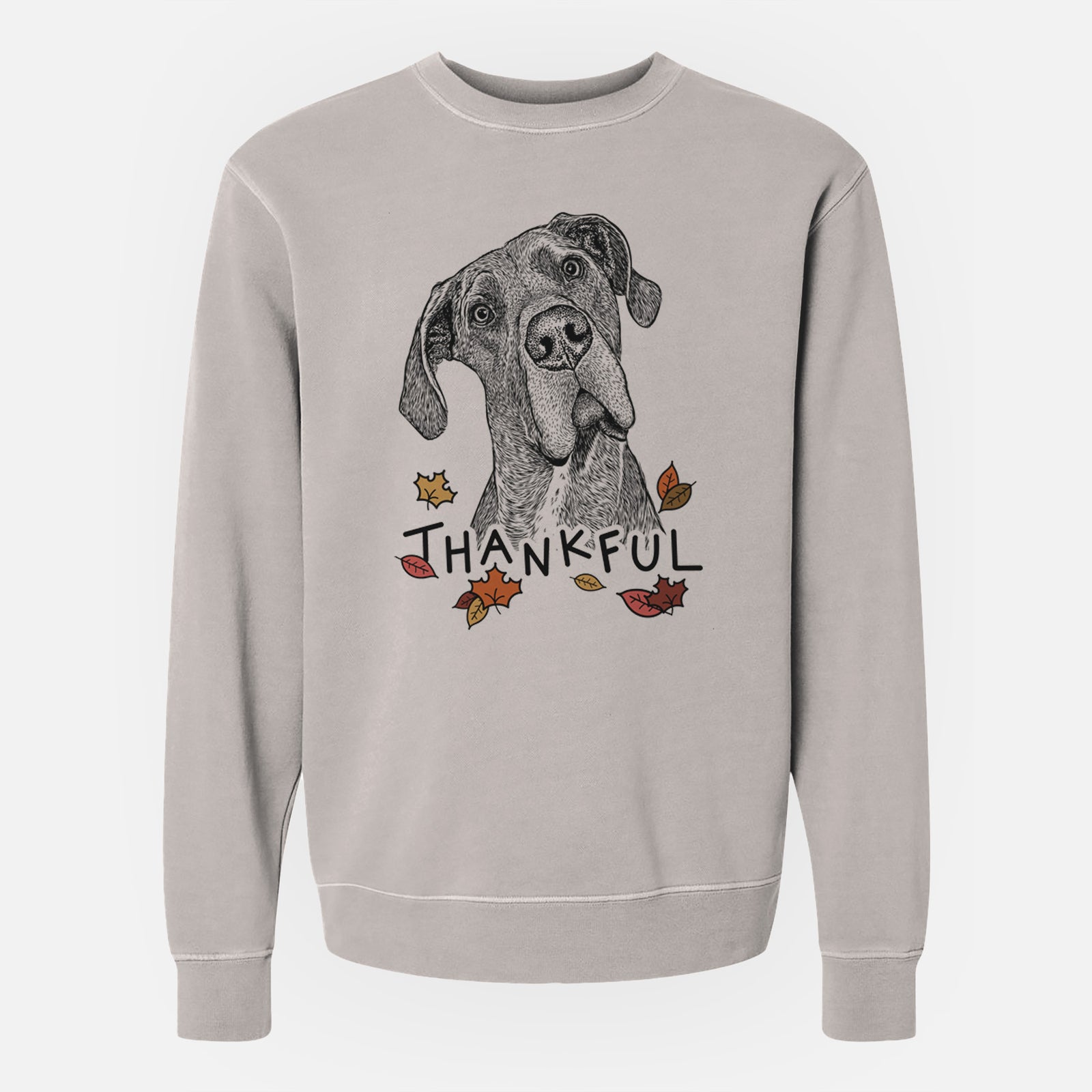 Hand-drawn sketch of River the Great Dane with 'Thankful' lettering and autumn leaves on a Cement Unisex pigment dyed crew sweatshirt