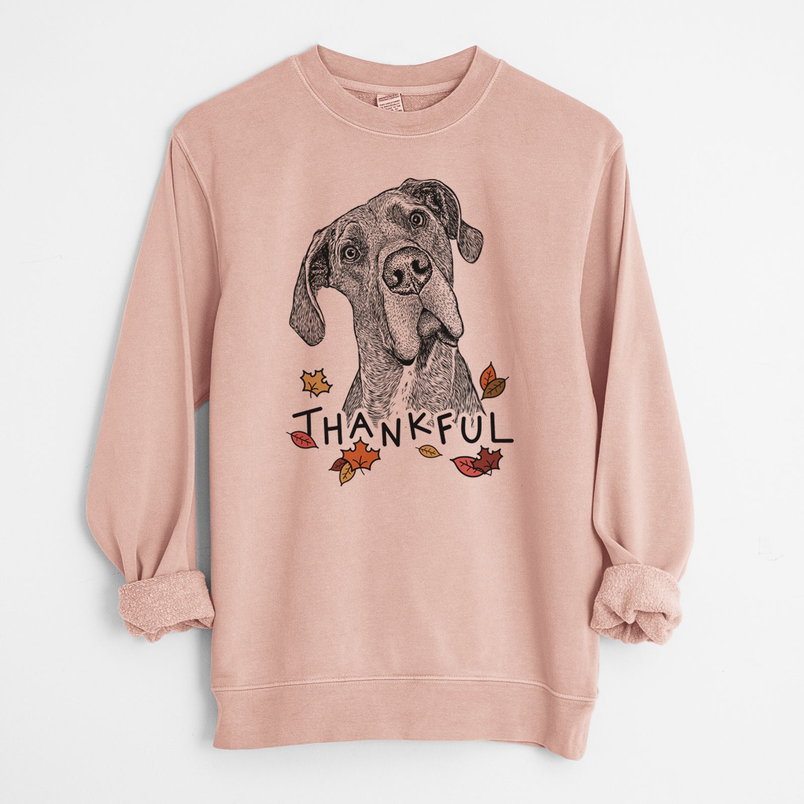 Hand-drawn sketch of River the Great Dane with 'Thankful' lettering and autumn leaves on a Dusty Pink Unisex pigment dyed crew sweatshirt
