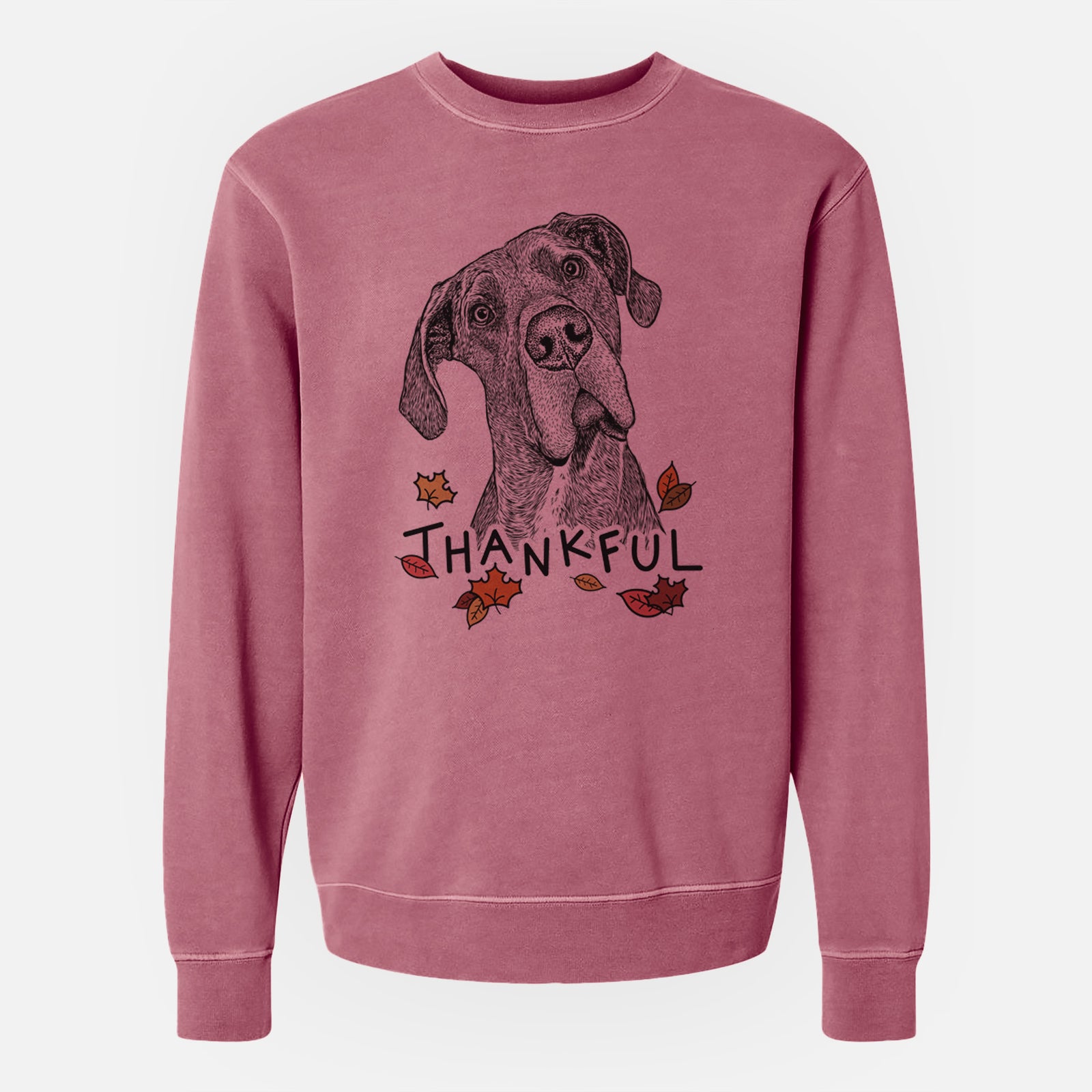 Hand-drawn sketch of River the Great Dane with 'Thankful' lettering and autumn leaves on a Maroon Unisex pigment dyed crew sweatshirt