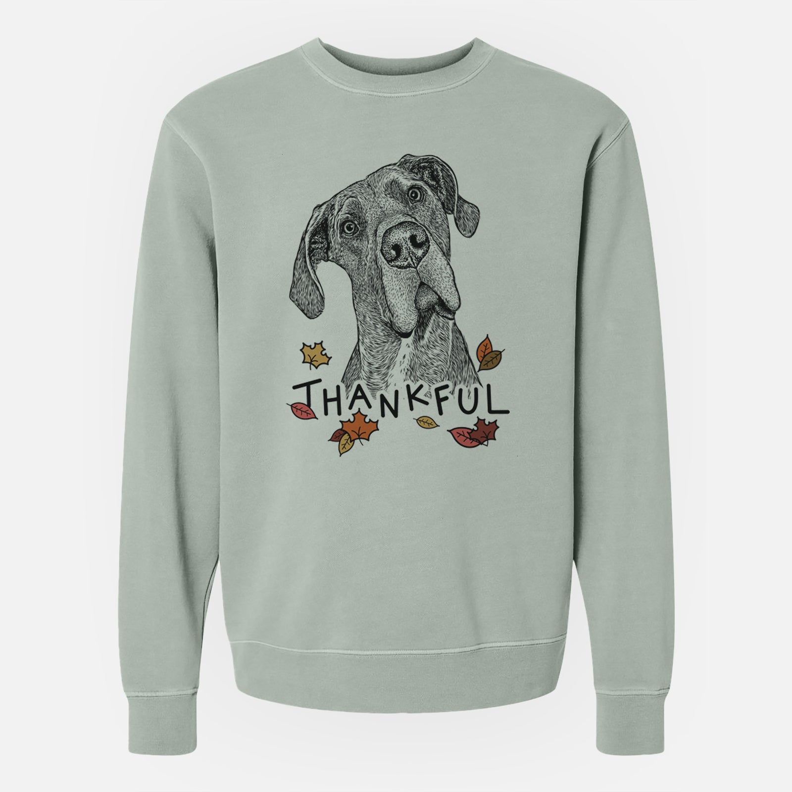 Hand-drawn sketch of River the Great Dane with 'Thankful' lettering and autumn leaves on a Sage Unisex pigment dyed crew sweatshirt