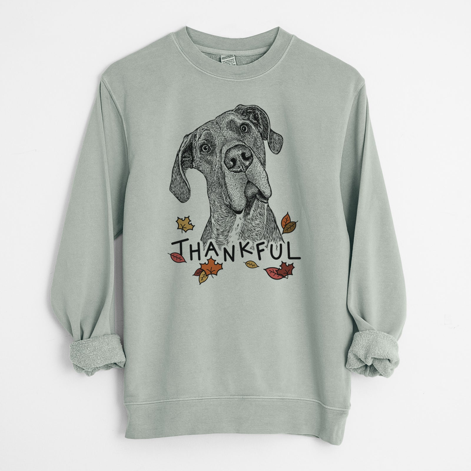 Hand-drawn sketch of River the Great Dane with 'Thankful' lettering and autumn leaves on a Sage Unisex pigment dyed crew sweatshirt