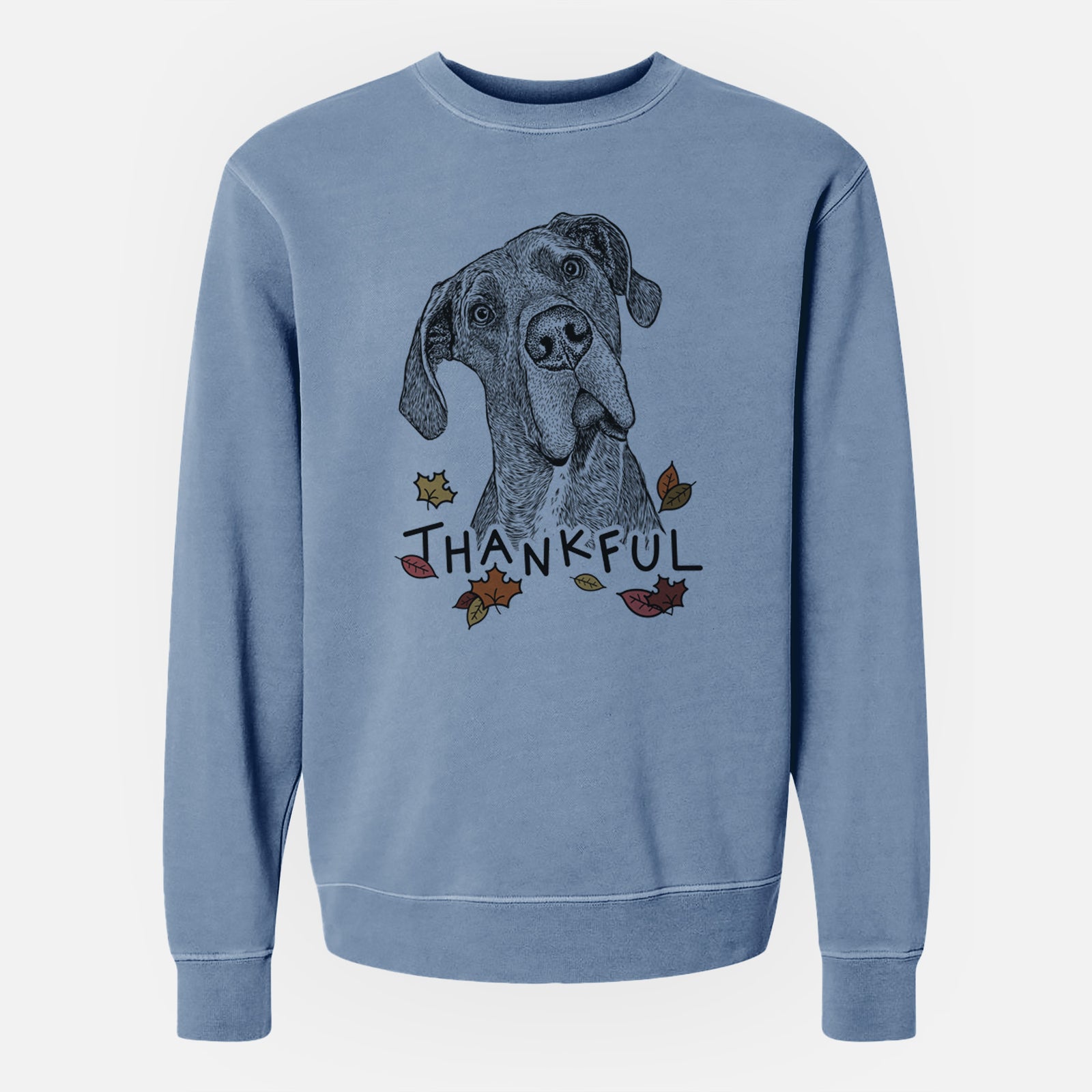 Hand-drawn sketch of River the Great Dane with 'Thankful' lettering and autumn leaves on a Slate Blue Unisex pigment dyed crew sweatshirt